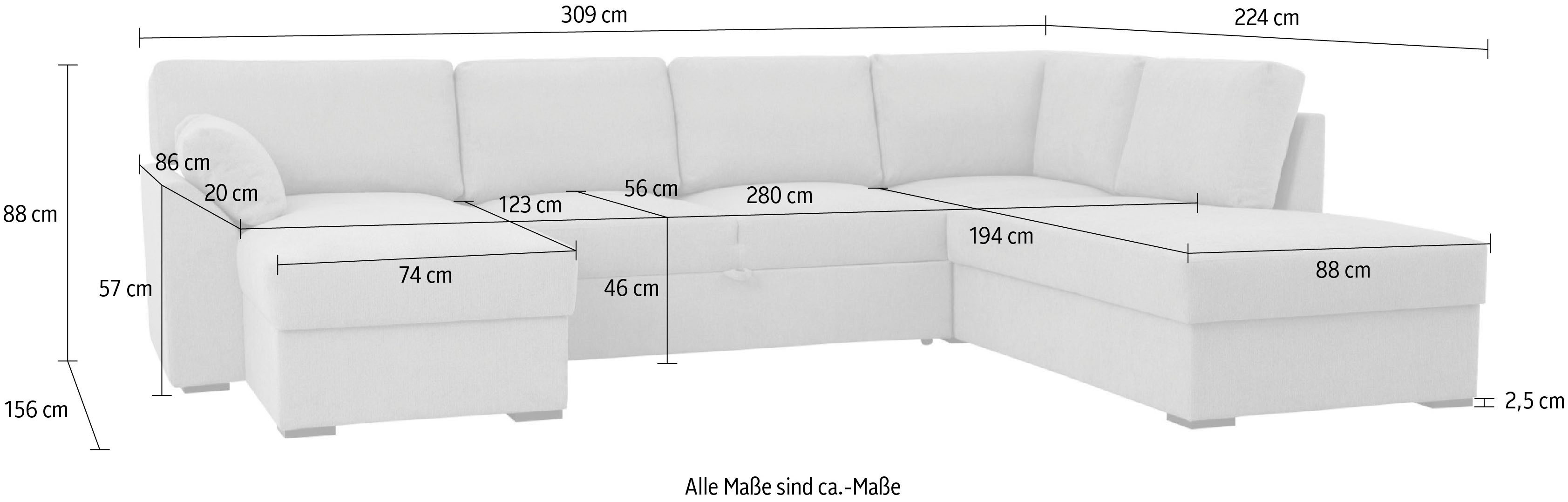 Home affaire Zithoek Citry Breedte 309 cm, chenille, bedfunctie, bedlade, U-vorm