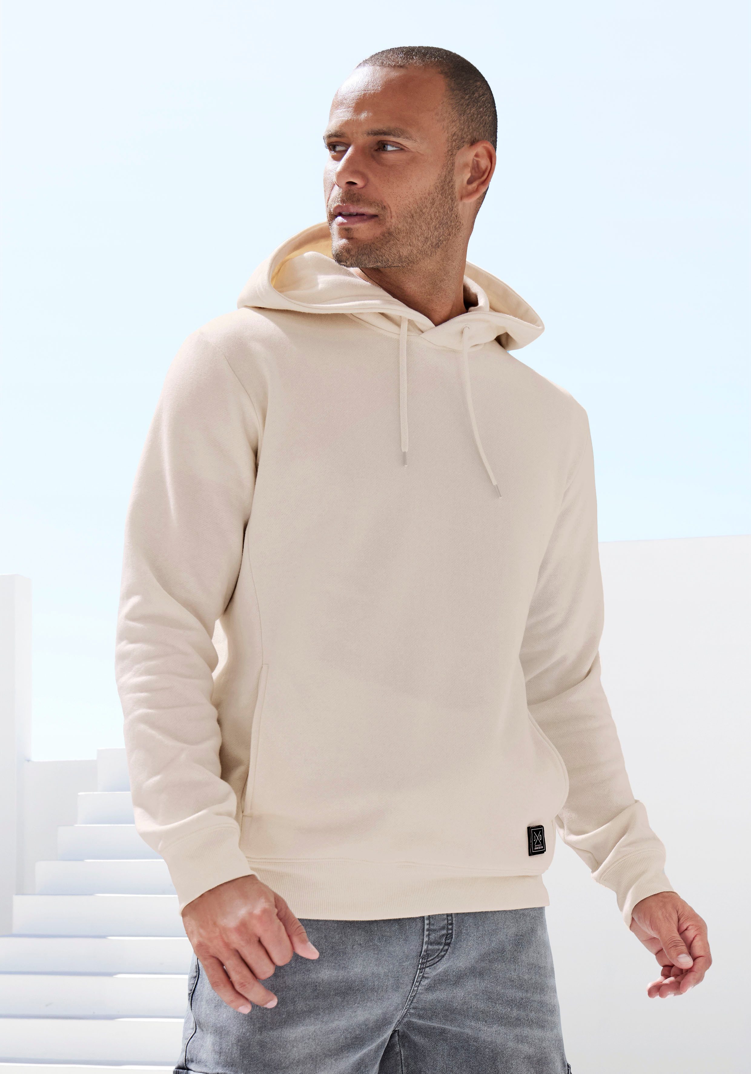 John Devin Hoodie Langarm, sweatshirt met ronde hals en capuchon, katoenmix heren sweaters maat S (44/46) beige