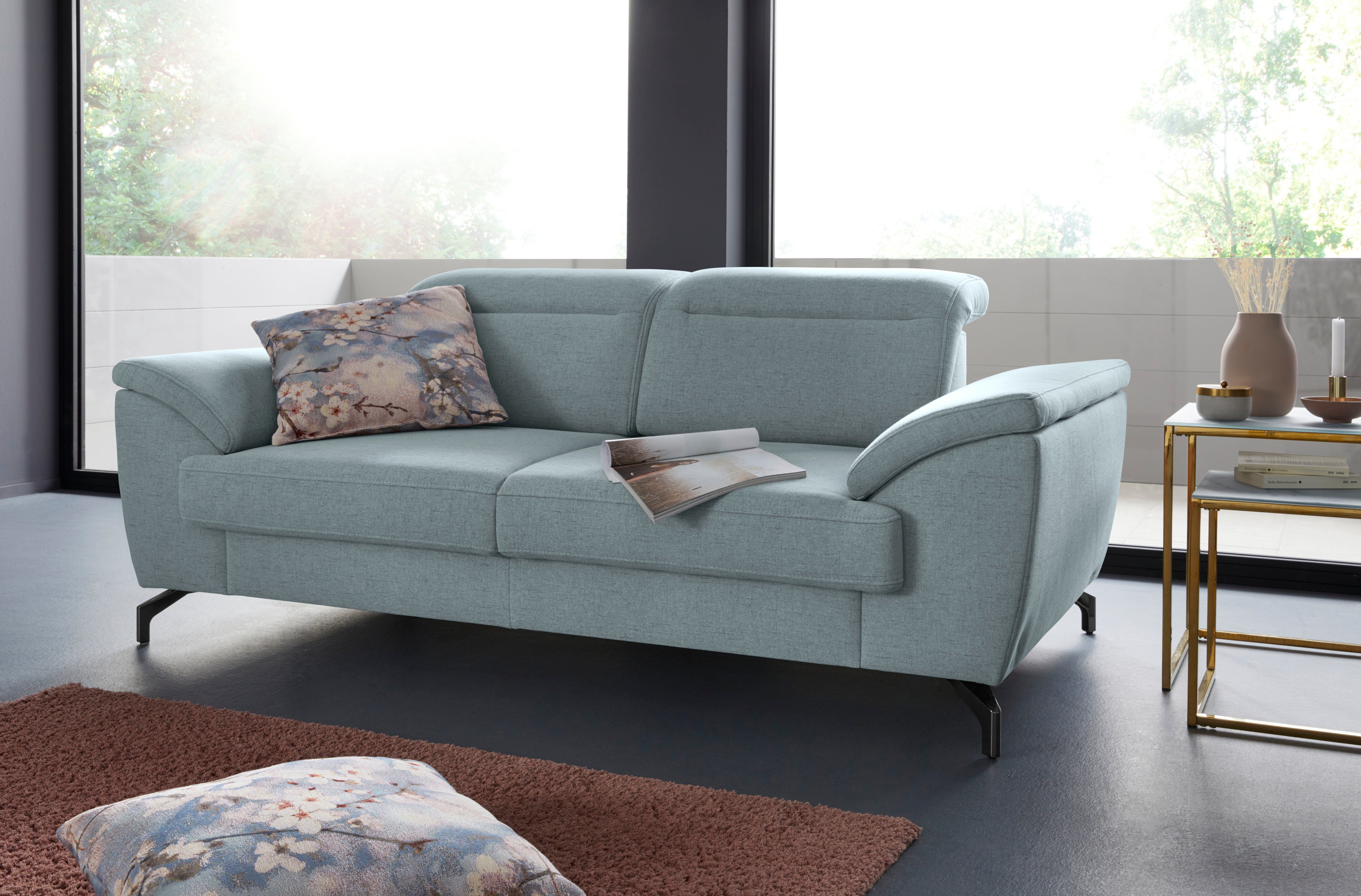 sit&more 2-zitsbank Percy 12 cm poothoogte, zitdiepteverstelling, naar keuze verstelbare hoofdsteun blauw, 2-zitsbanken, Met zwarte poten van nikkel