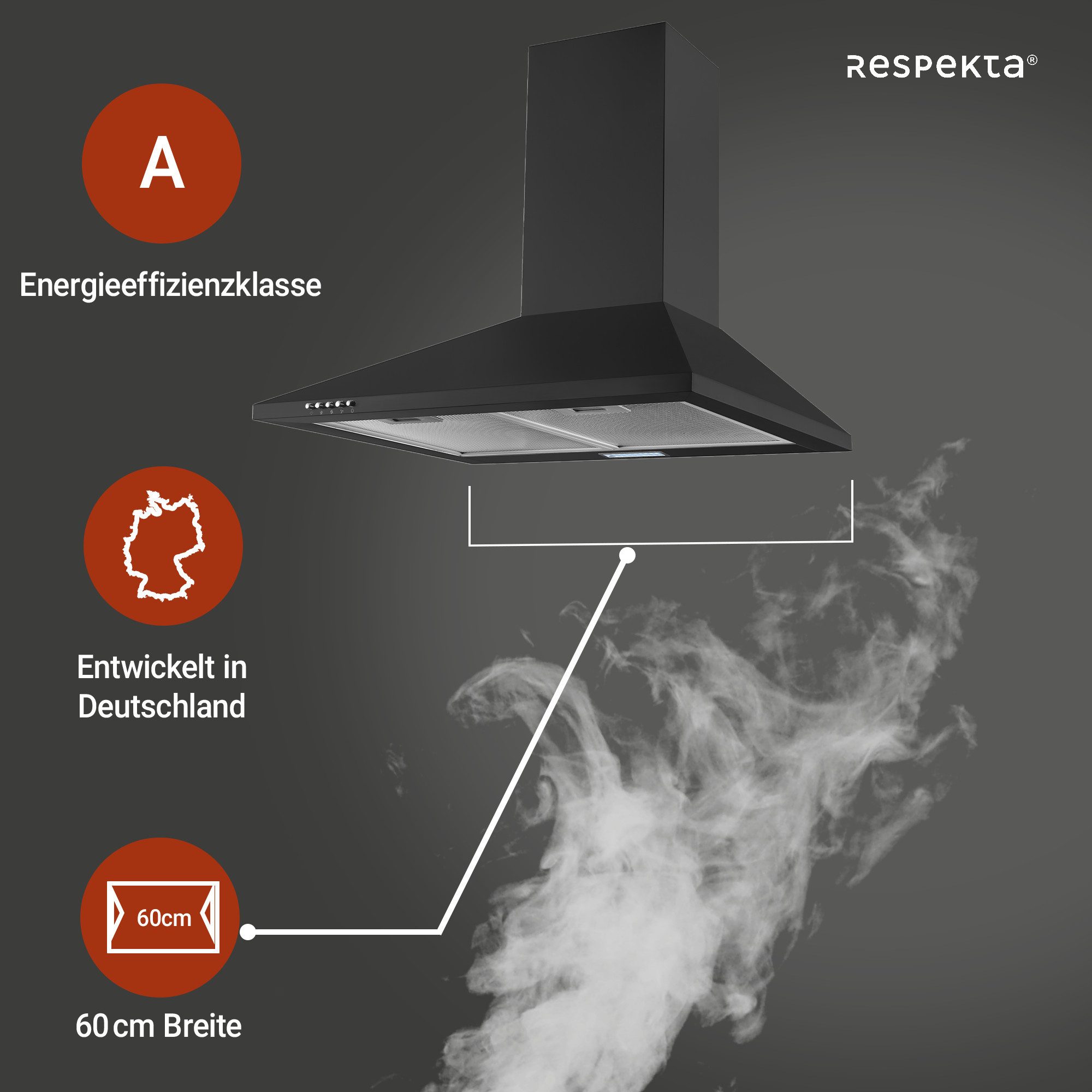 RESPEKTA Schouwkap CH 22055 SA 60 cm, 3 vermogensniveaus, led-verlichting, geschikt voor afzuiging en recirculatie