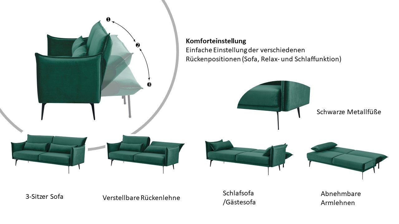 INOSIGN Slaapbank TULARE, 204 cm, opklapbare 3-zits met verstelbare rugleuning,