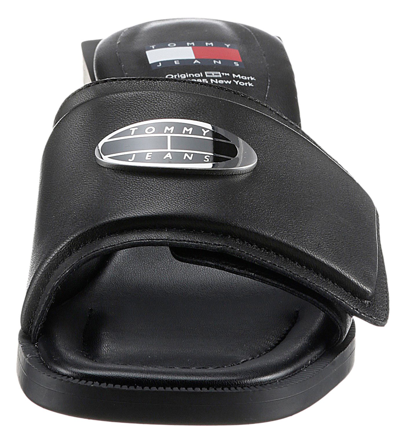 TOMMY JEANS Slippers THE SOHO HEEL LEATHER feestdagmode, zomerschoen met brede bandage