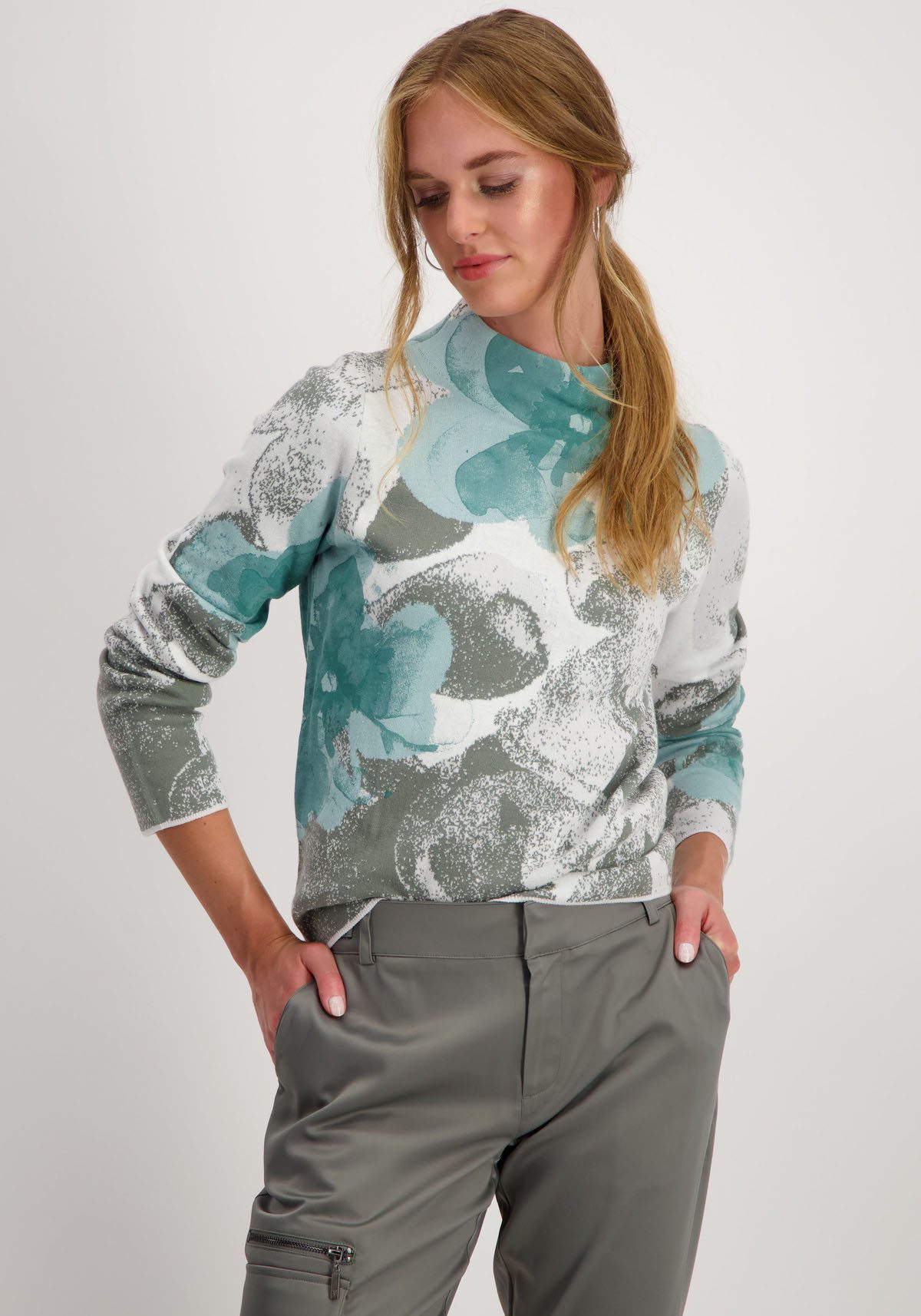 Monari Gebreide trui Pullover jacquard bloem met all-over bloemmotief