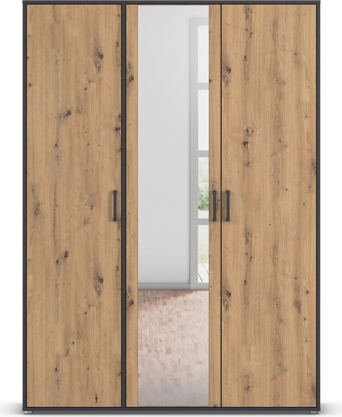 rauch Draaideurkast Voyager met moderne grepen in grijs-metallic en spiegel