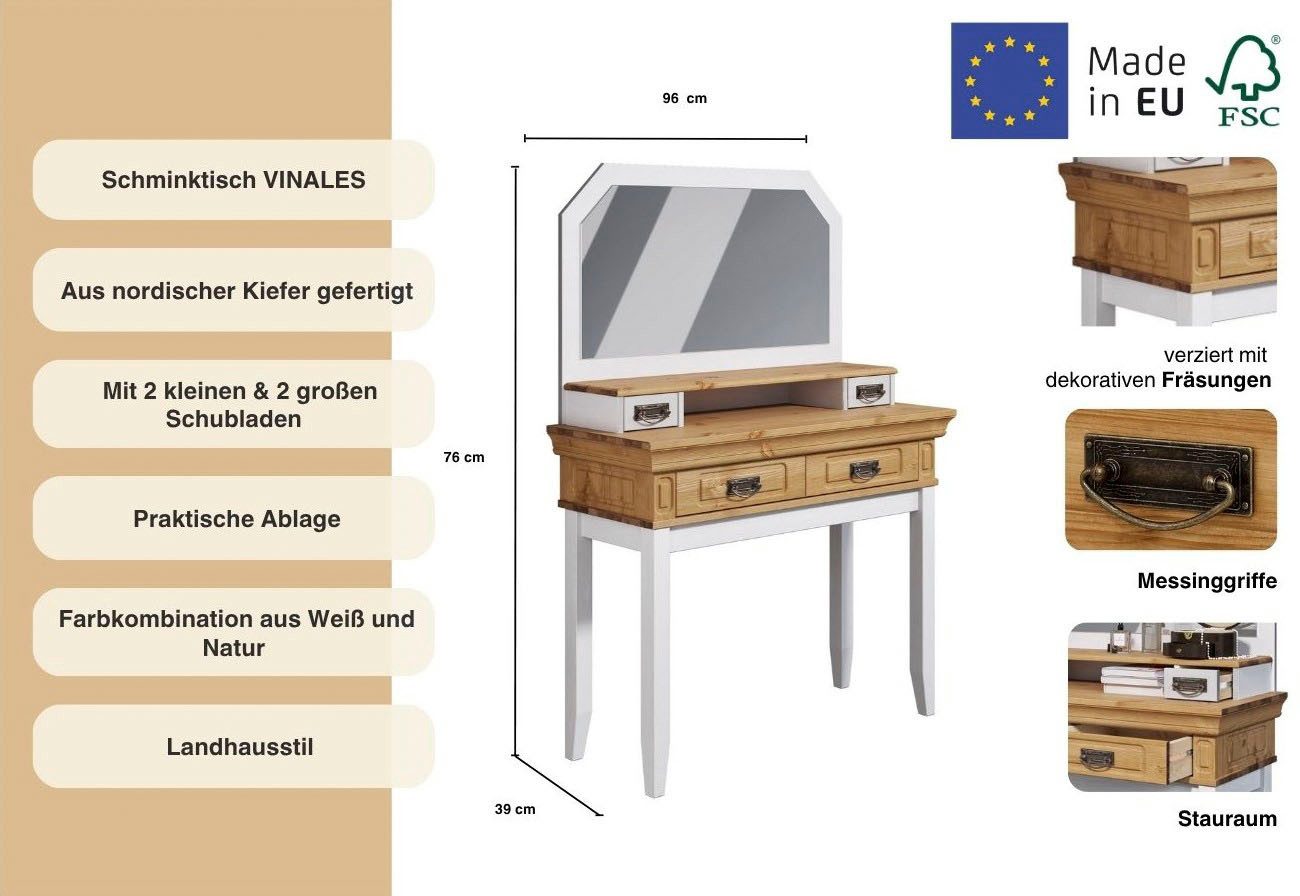 Home affaire Make-uptafel Vinales, console voor de gang Van massief grenen, met freeswerk