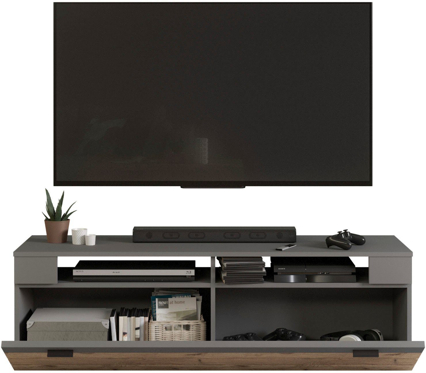 INOSIGN Tv-meubel Aalborg, breedte 140 cm, 1 klep, 2 open vakken, metalen handgrepen