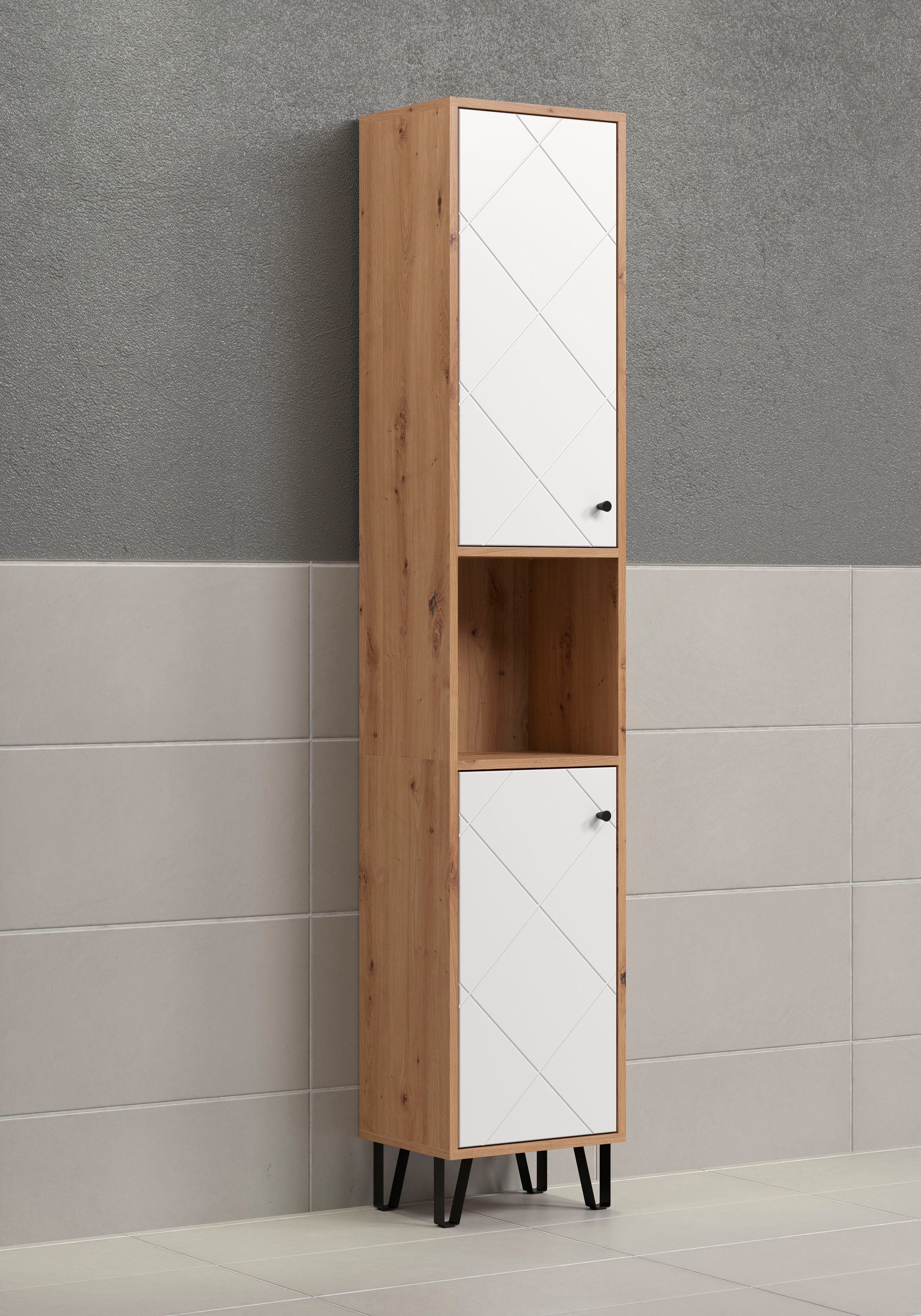 Places of Style Hoge kast Tarragona Breedte 36 cm, 2 deuren, retro metalen poten, mat, bruine hout-look / wit (1 stuk)