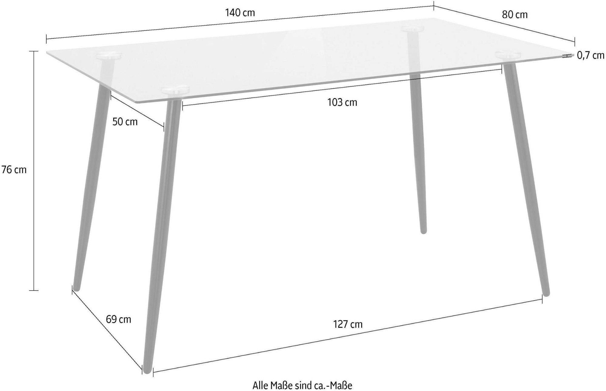 INOSIGN Eethoek Danny-Malio Glazen tafel 140x80 cm met 4 stoelen (velours stof), frame van metaal (set, 5-delig)