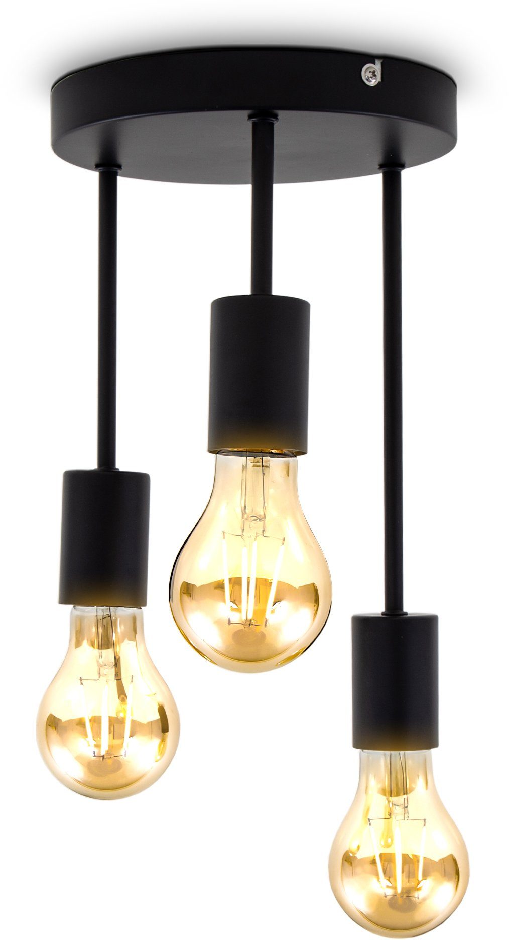 B.K.Licht Plafondspot BK_DS1458 Plafondlamp, retro, zwart mat, metaal 3-vlamig, e27-fittingen (max. 60w), zonder lichtbron, 31x19 cm (hxd) (1 stuk)