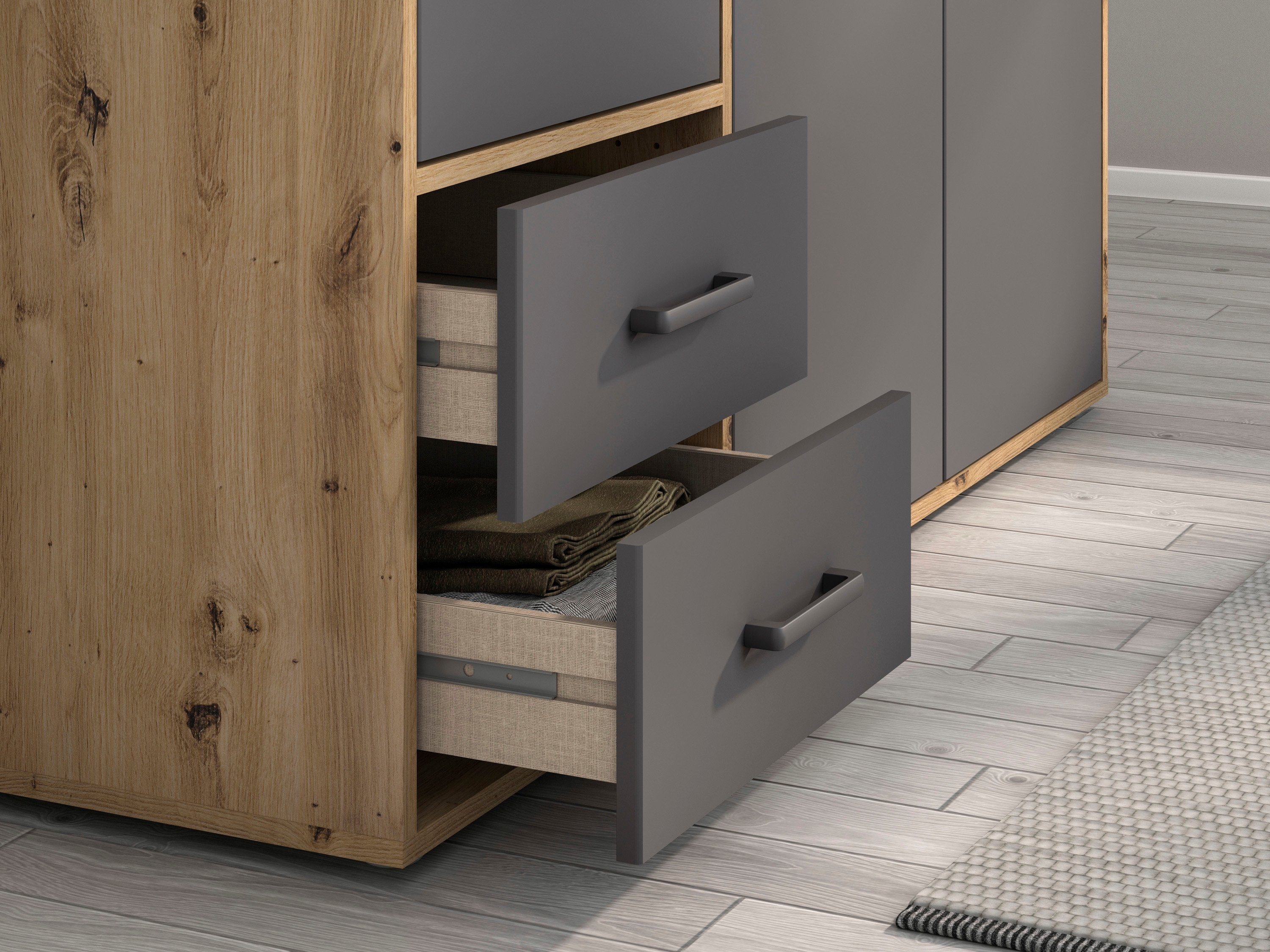 rauch Draaideurkast Kledingkast kast garderobe linnenkast VOYAGER moderne grepen in grijs metallic met buitenlades made in germany