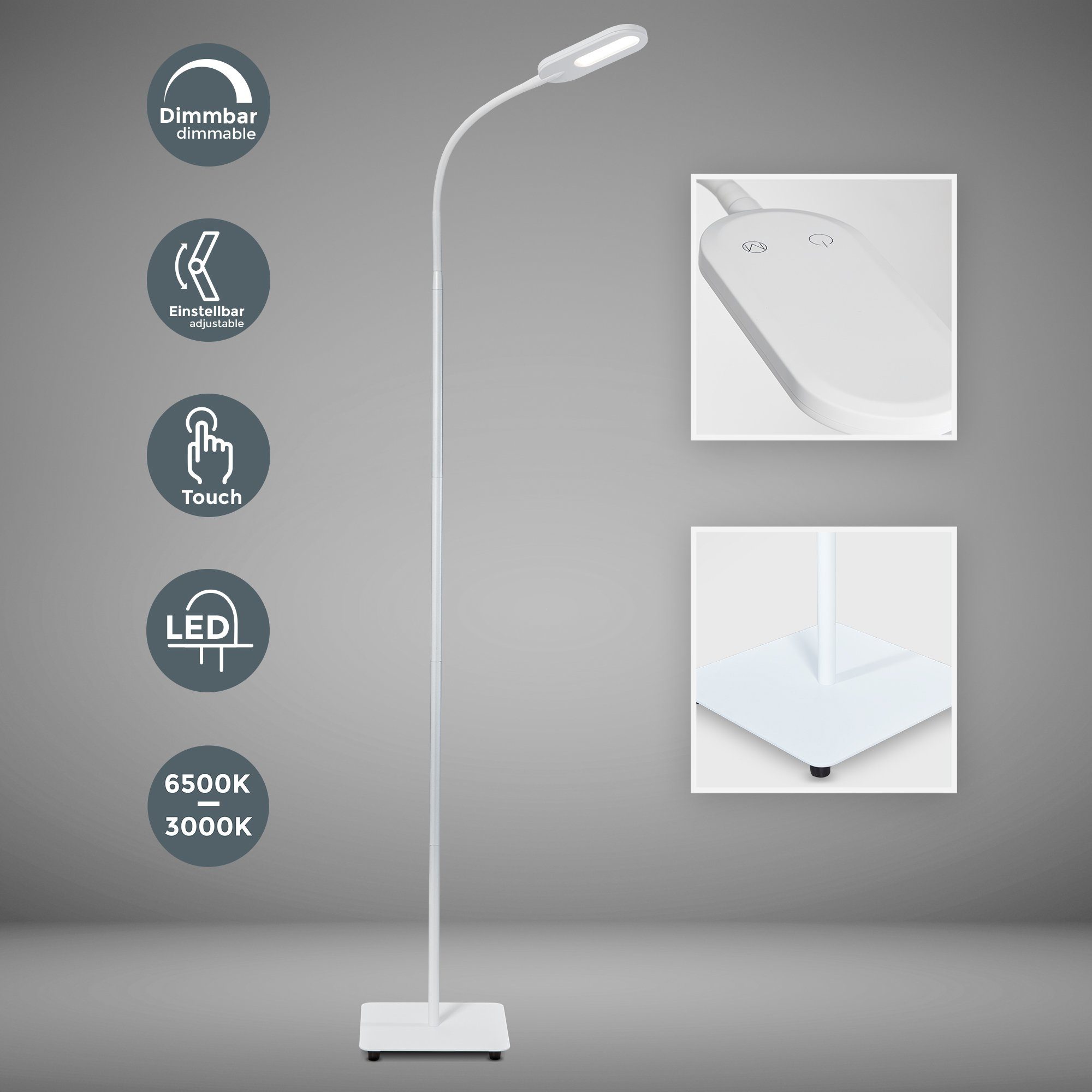 B.K.Licht Staande ledlamp LED vloerlamp dimbaar draaibaar incl. 8W 600lm geheugen & touch wit
