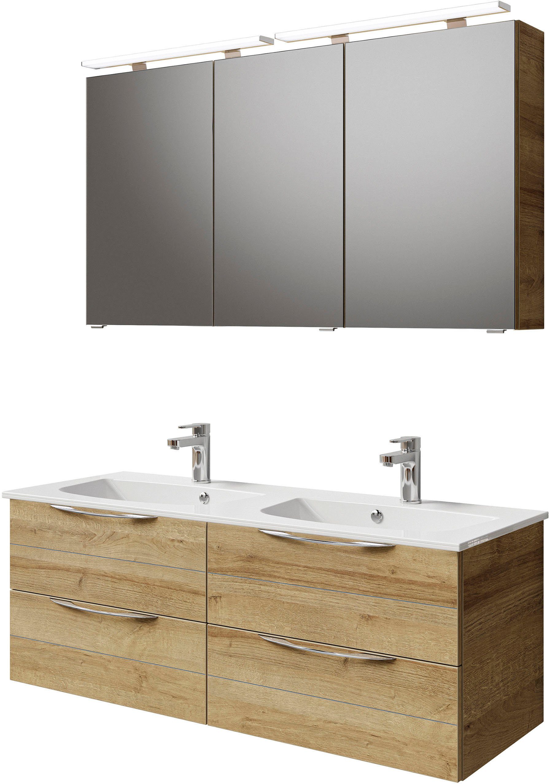 Saphir Badkamerserie Serie 6025 2-delig, mineraalmarmeren wastafel met led-spiegelkast Wastafelmeubel 132 cm breed, 4 laden, 2 spiegeldeuren, incl.
