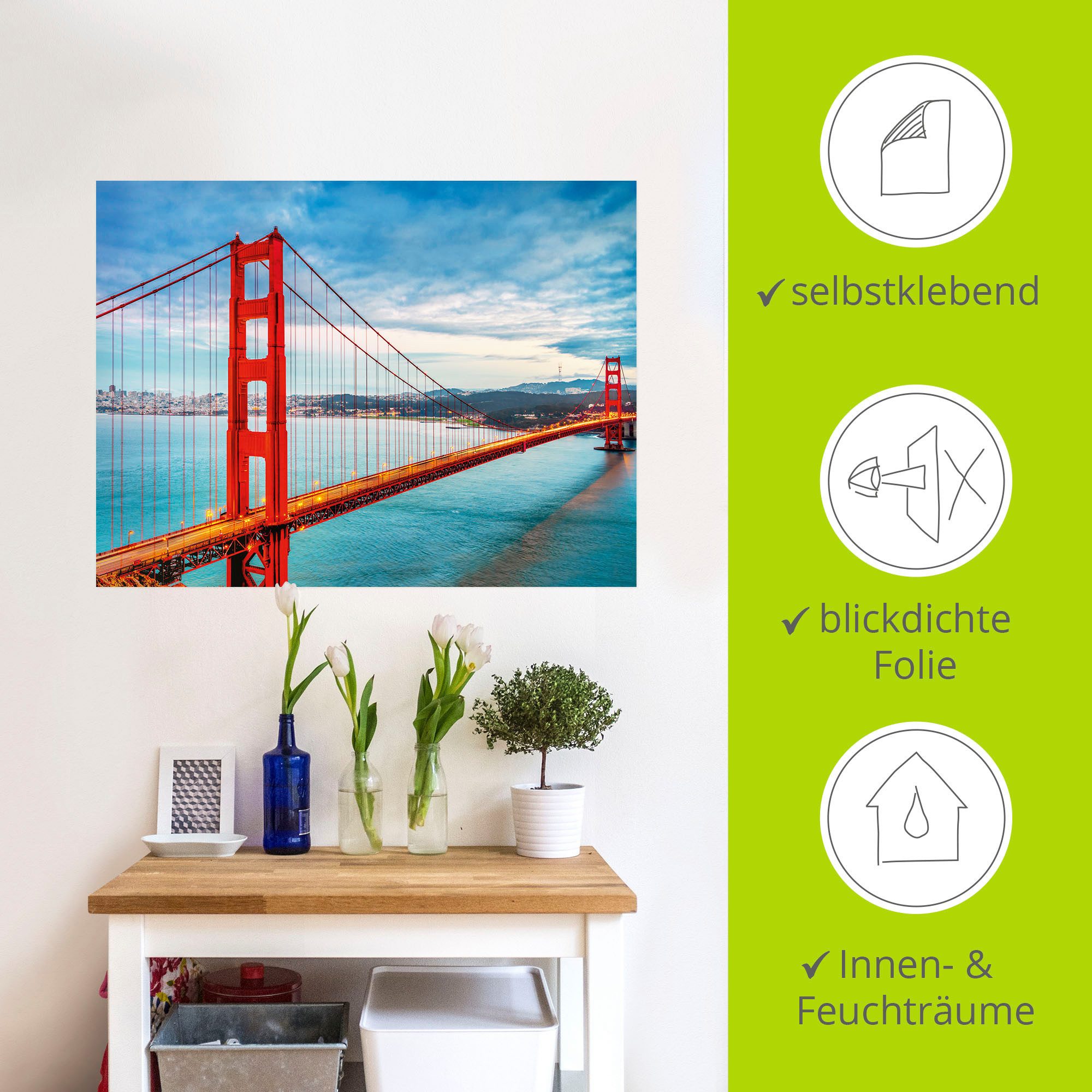 Artland Artprint Golden Gate Bridge als artprint van aluminium, artprint voor buiten, artprint op linnen, poster, muursticker