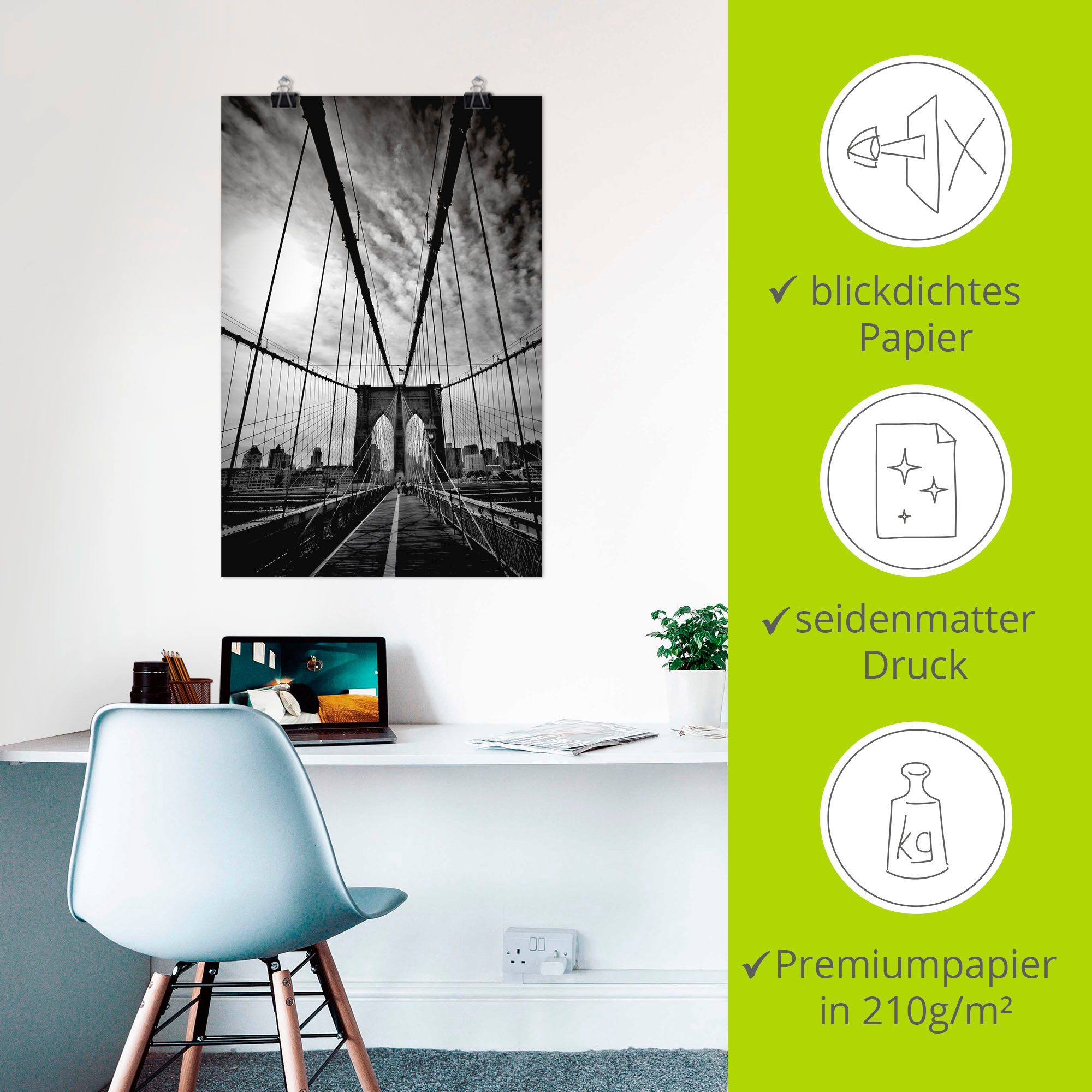 Artland Poster New York City Machtige Brooklyn Bridge als artprint van aluminium, artprint op linnen, muursticker of poster in verschillende maten
