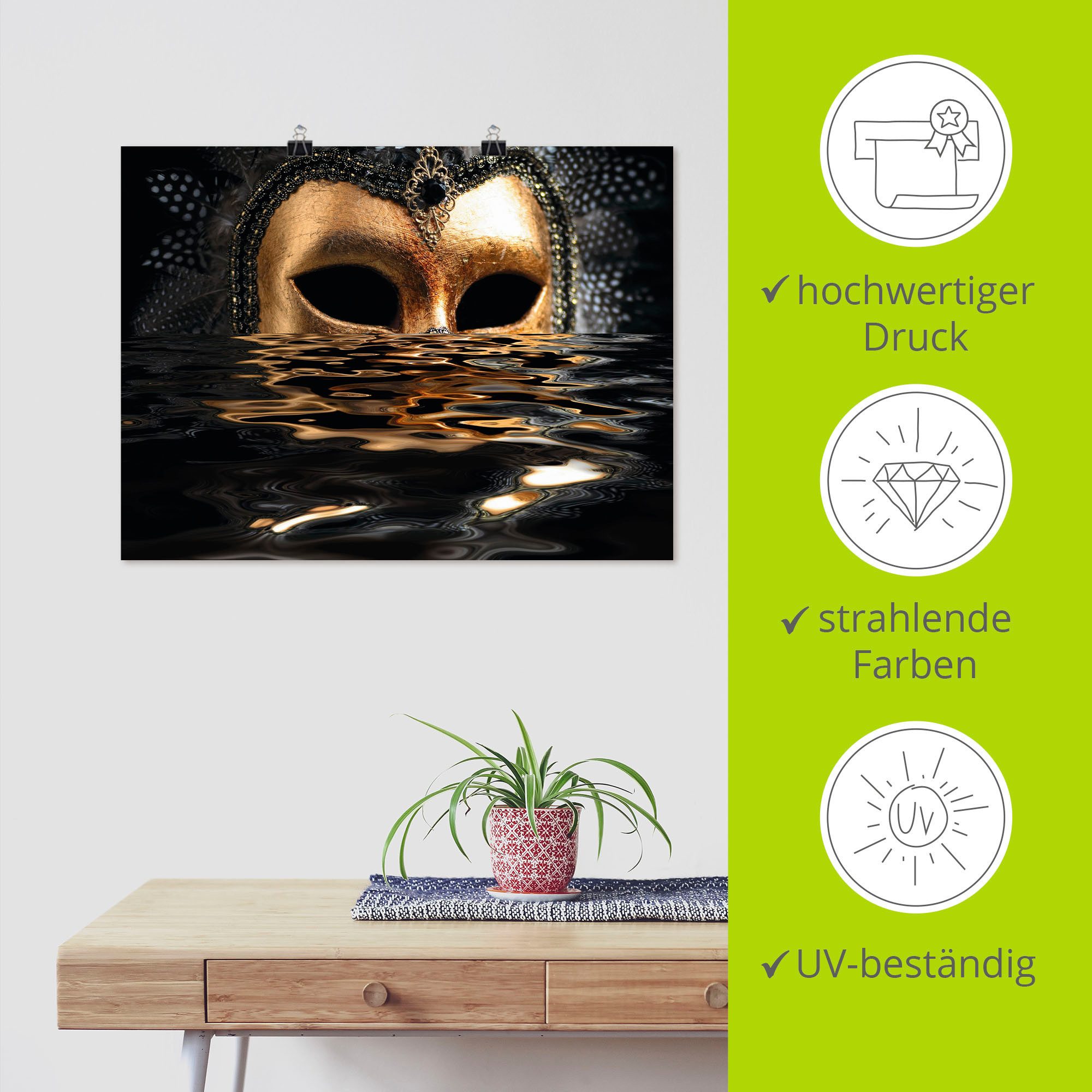 Artland Artprint Venetiaans masker met bladgoudkleur als artprint van aluminium, artprint voor buiten, artprint op linnen, poster, muursticker