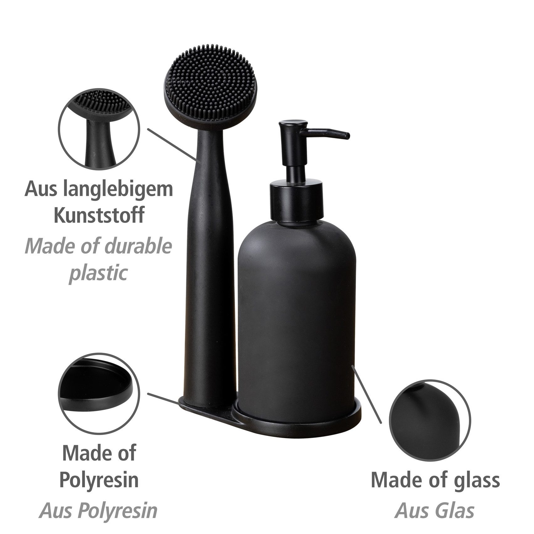 WENKO Dispenser voor afwasmiddel Model Piedo incl. afwasborstel met houder, glas/polyresin (set, 3-delig)