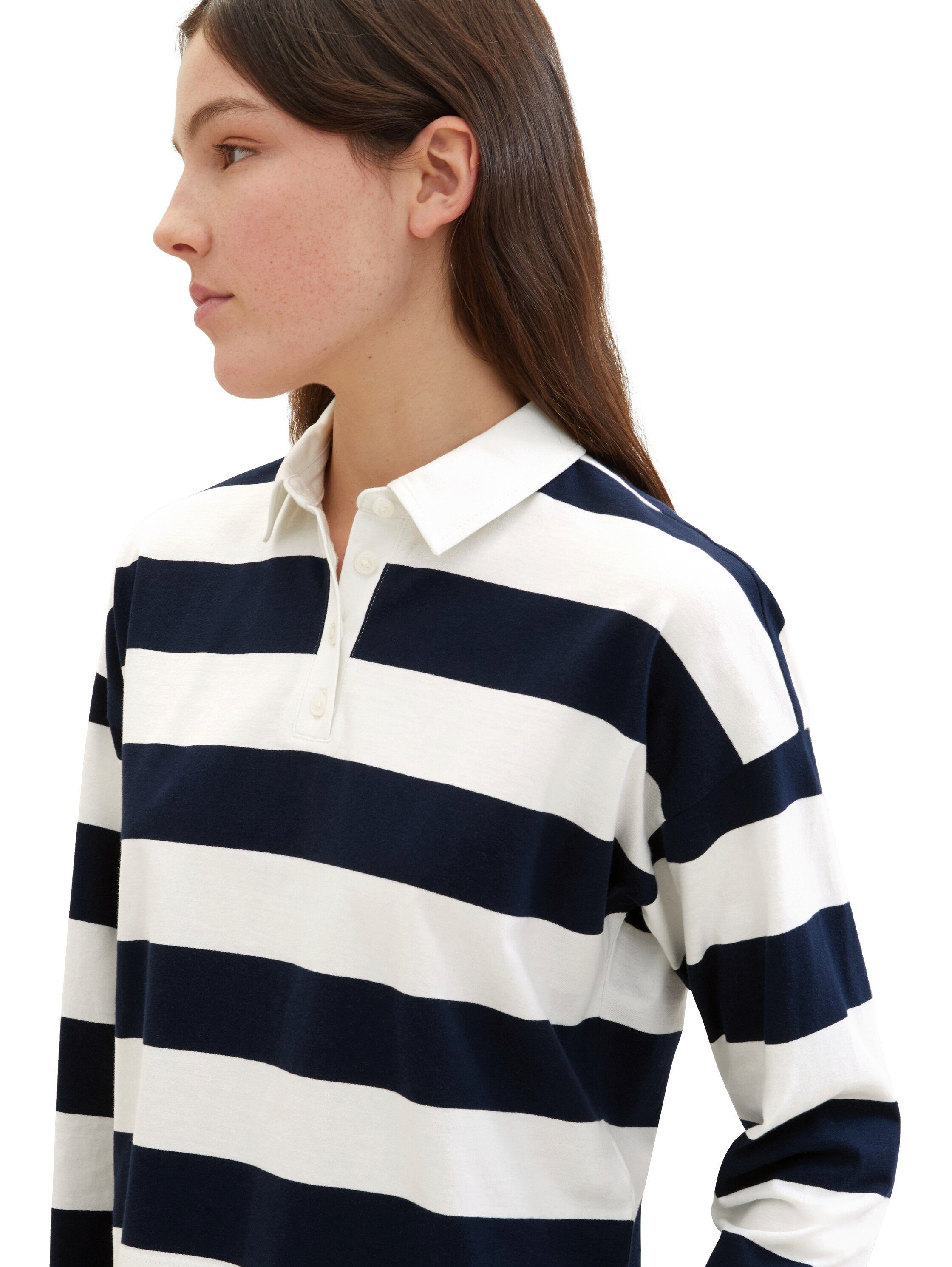 Tom Tailor Denim Poloshirt met lange mouwen met strepen en polokraag, extra kort