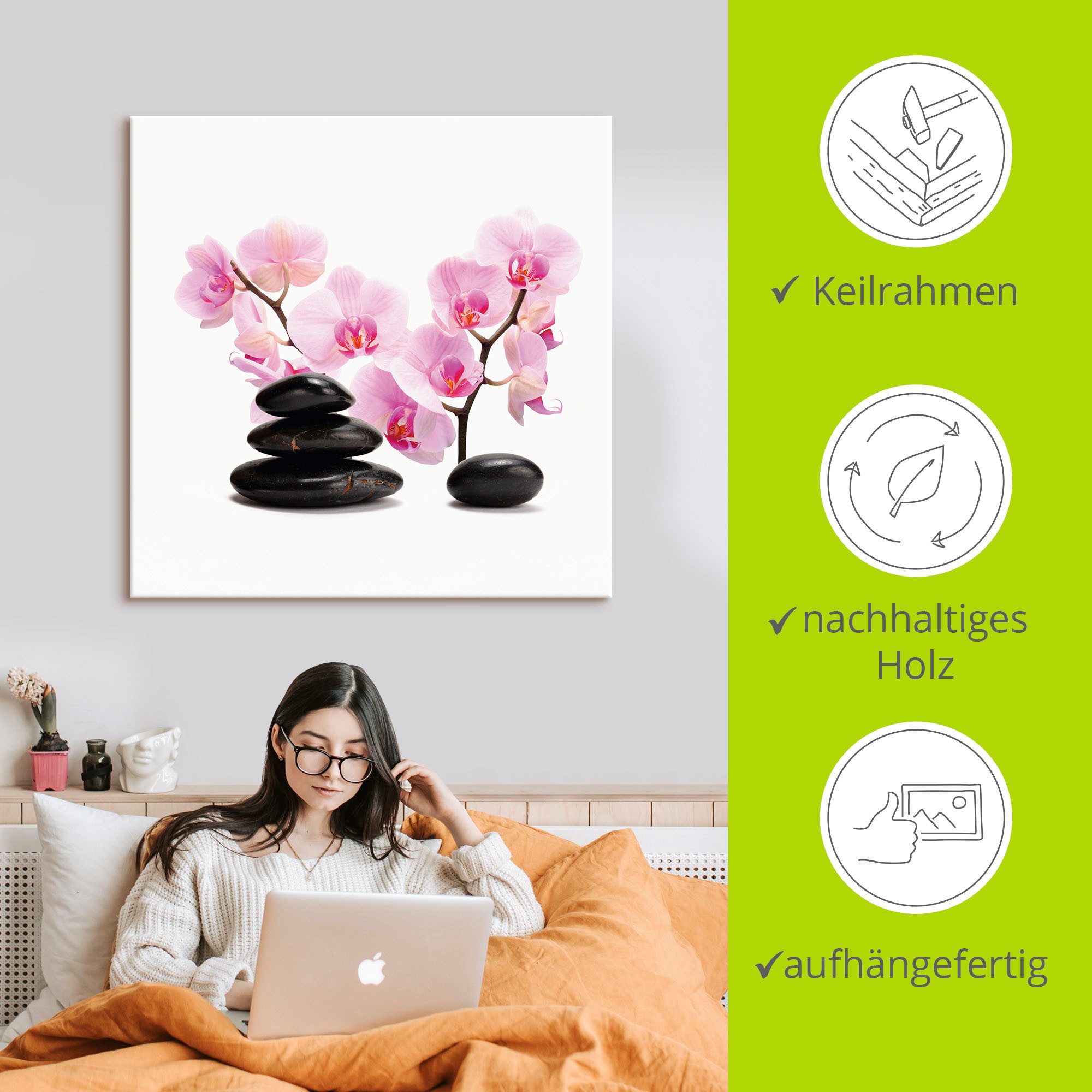 Artland Artprint Zwarte stenen en pink orchidee als artprint op linnen, poster, muursticker in verschillende maten