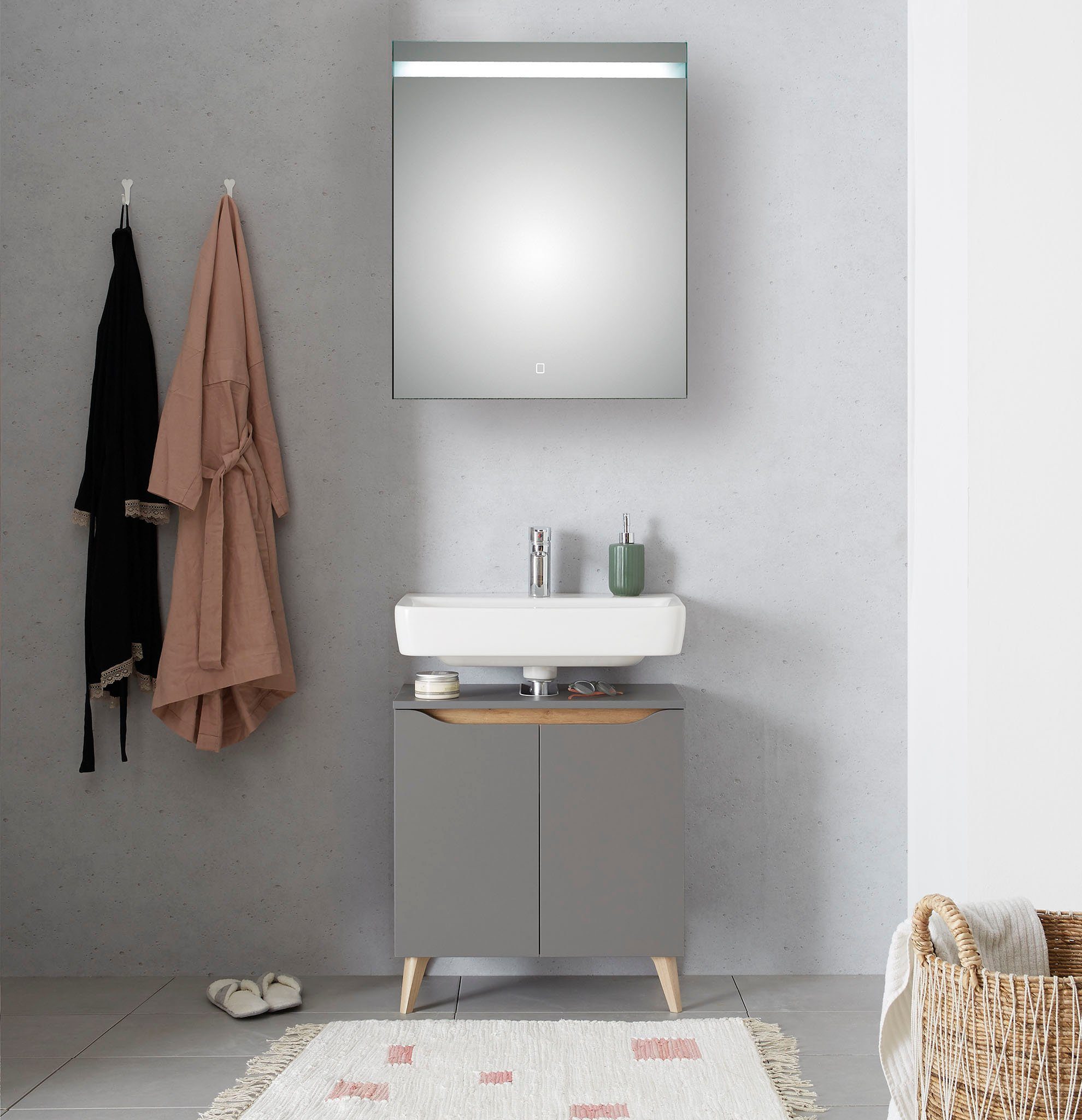 Saphir Badkamerserie Quickset 2-delig, wastafelonderkast met led-spiegel Wastafel 60 cm breed, inclusief deurdemper, 2 deuren, badset (2-delig)