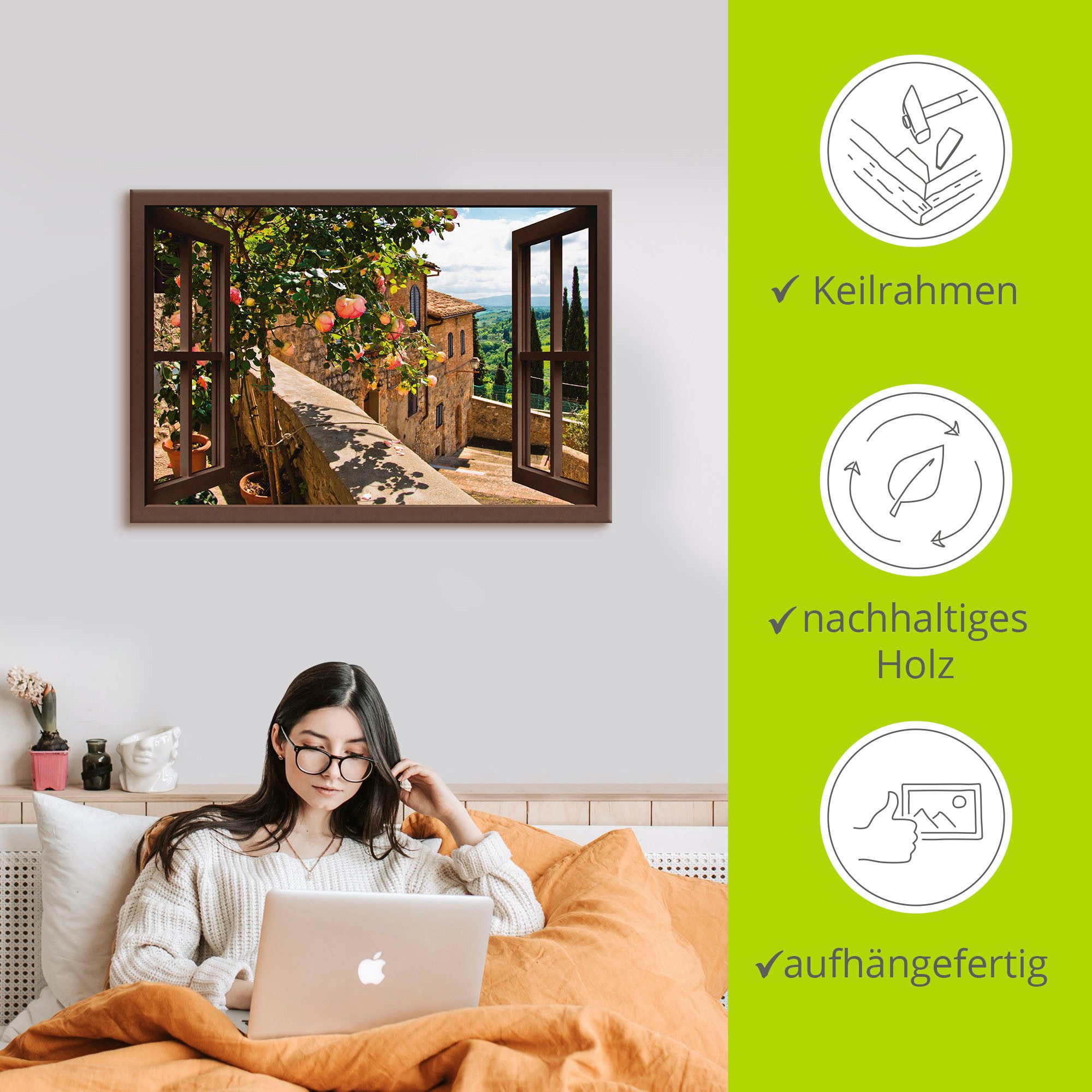 Artland Artprint Blik uit het venster rozen op balkon Toscane als artprint van aluminium, artprint voor buiten, artprint op linnen, poster, muursticker