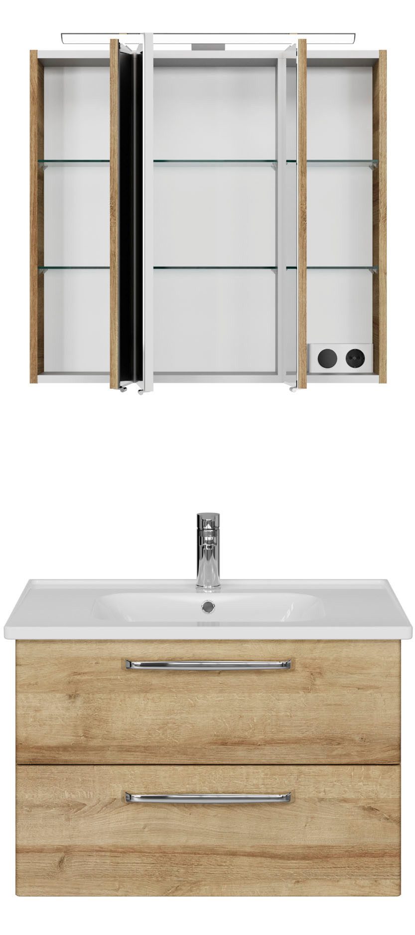 Saphir Badmeubelset Trentino 2-delig keramische wasbak, spiegelkast met LED-lamp Badkamermeubel-set 79cm breed, incl. deurdemper, 3 deuren, 2 lades (3 stuks)