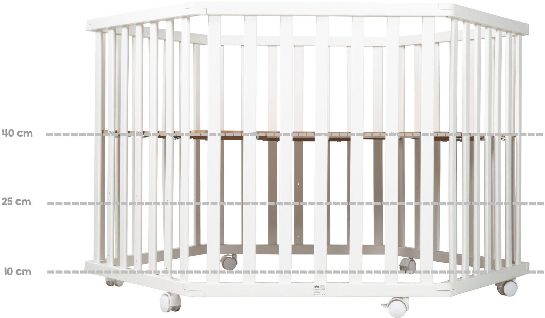 Roba® Box Jumbotwins, 6-hoekig, ecru met stoffen inzet en hoofdbeschermer, wieltjes, in hoogte verstelbaar