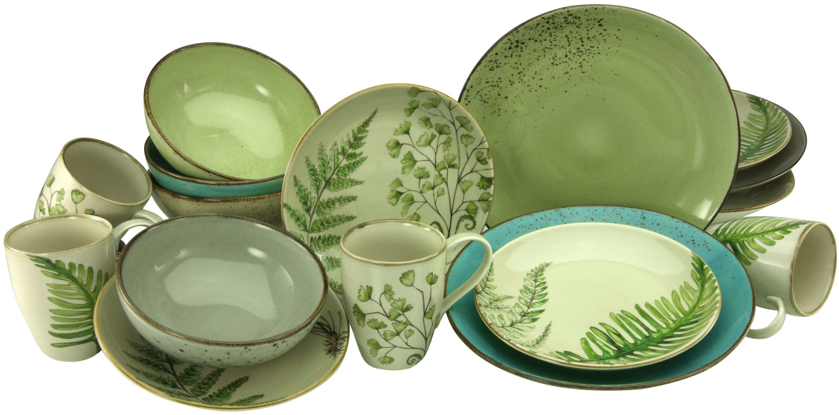 CreaTable Combi-servies Servies-set Botanica Servies, unikleurig decor met bladmotieven, 16 delen, voor 4 personen (set, 16-delig)