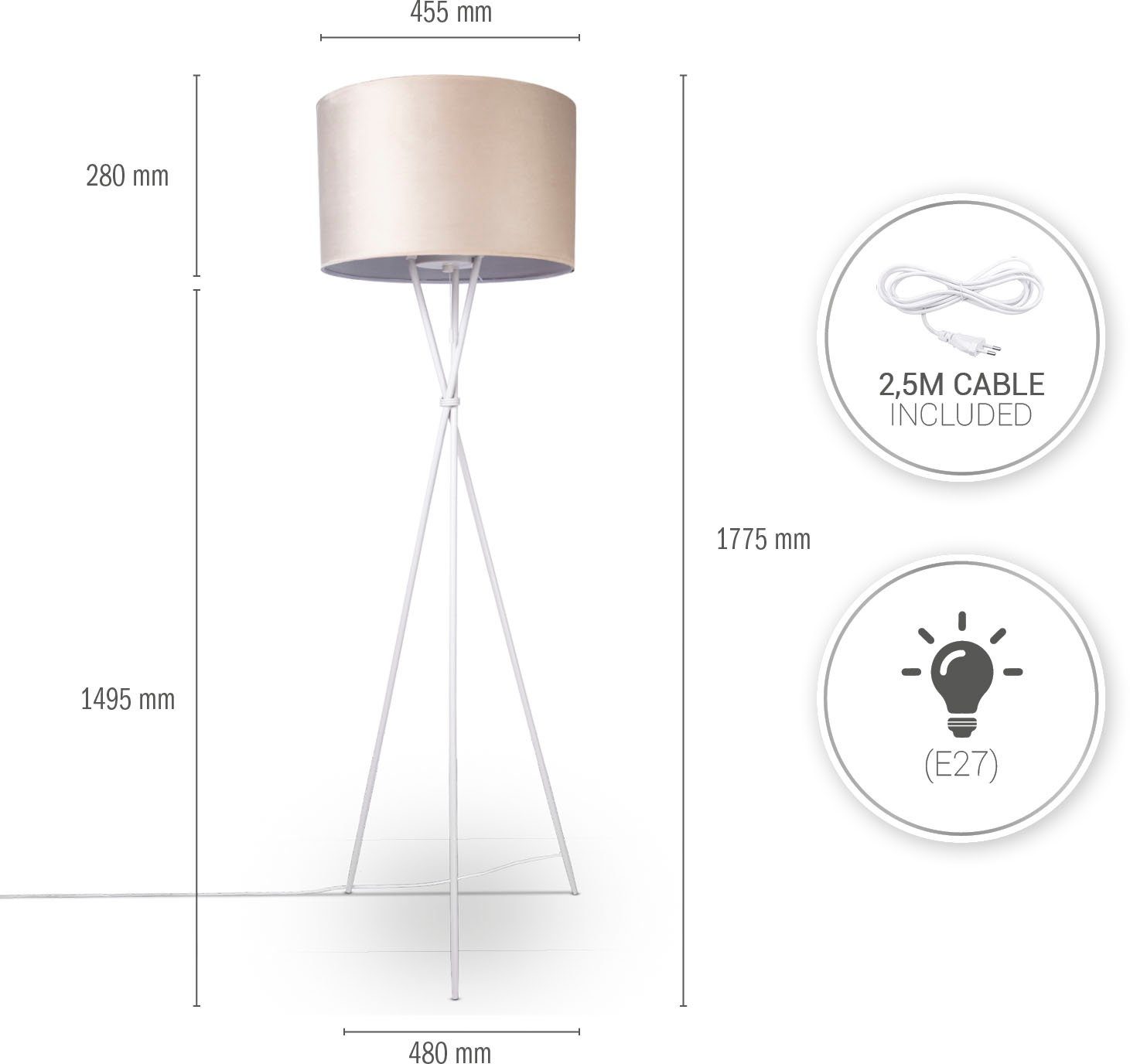 Paco Home Staande lamp Kate uni kleur Woonkamer driepoot vloerlamp velours hoogte 177,5cm filigraan E27