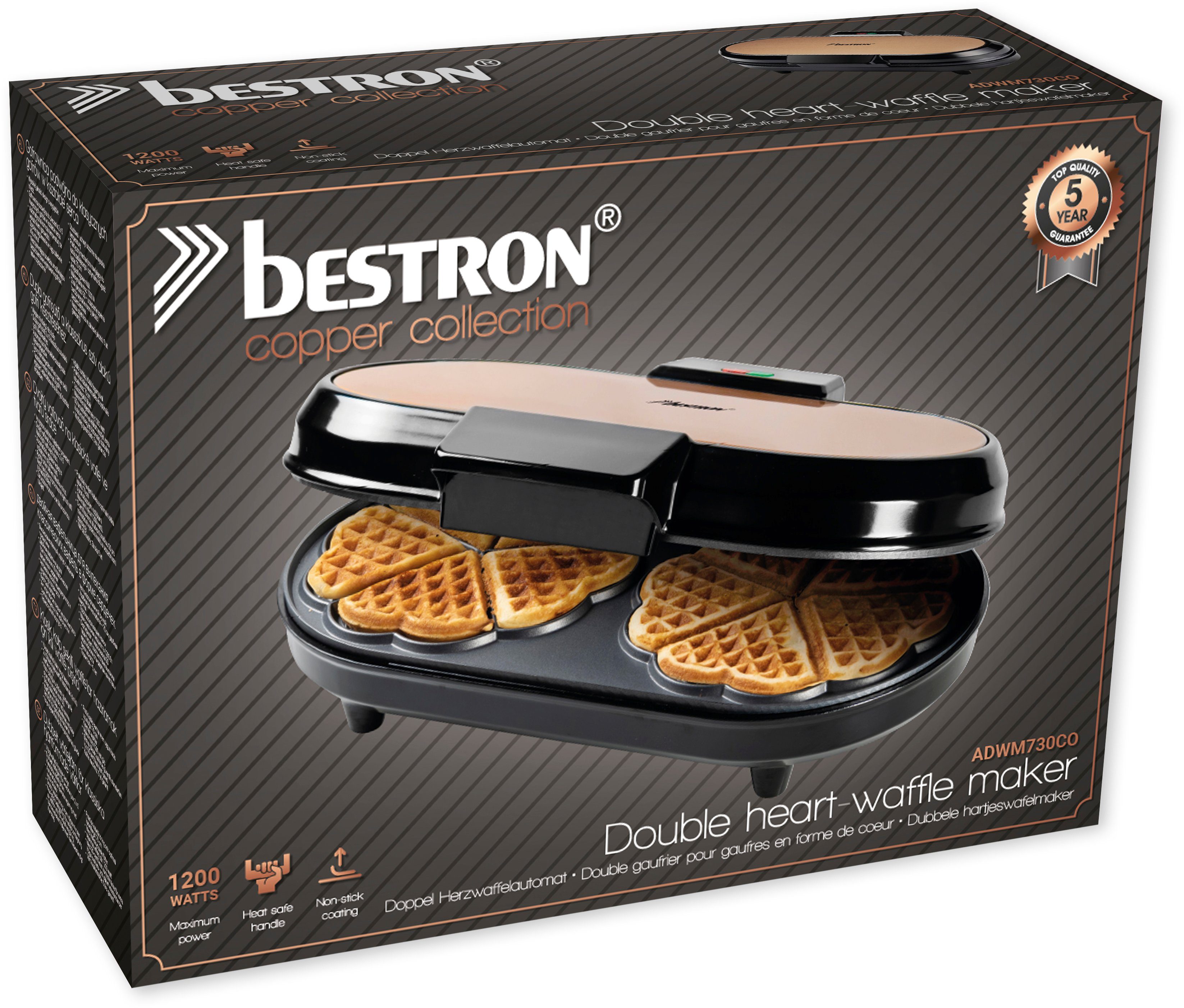 bestron Wafelijzer ADWM730CO voor klassieke hartvormige wafels, met controlelampje & antiaanbaklaag