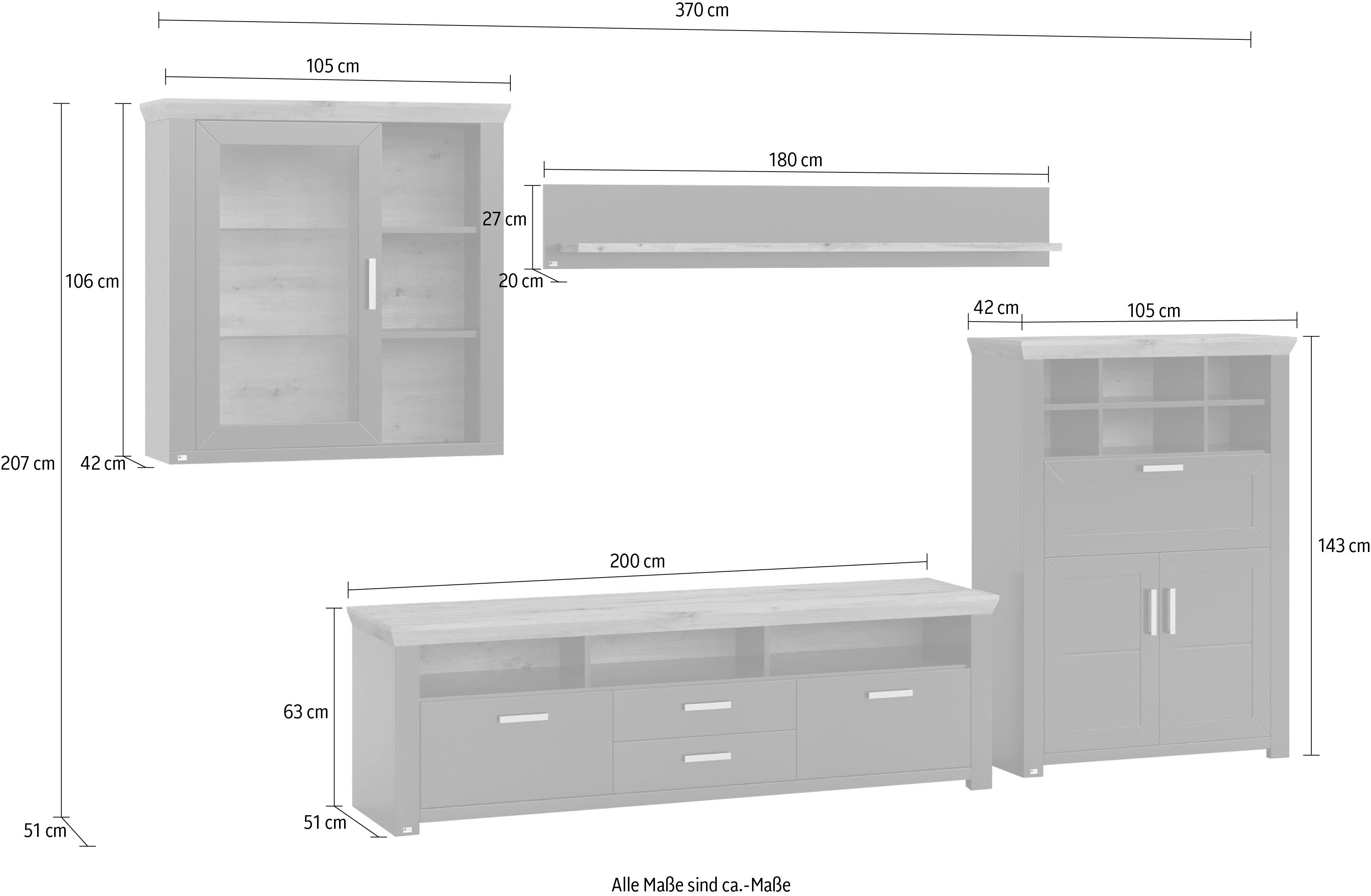 set one by Musterring Wandmeubel York Combinatie 11, in 3 kleurvarianten, totale breedte 374 cm (4-delig)