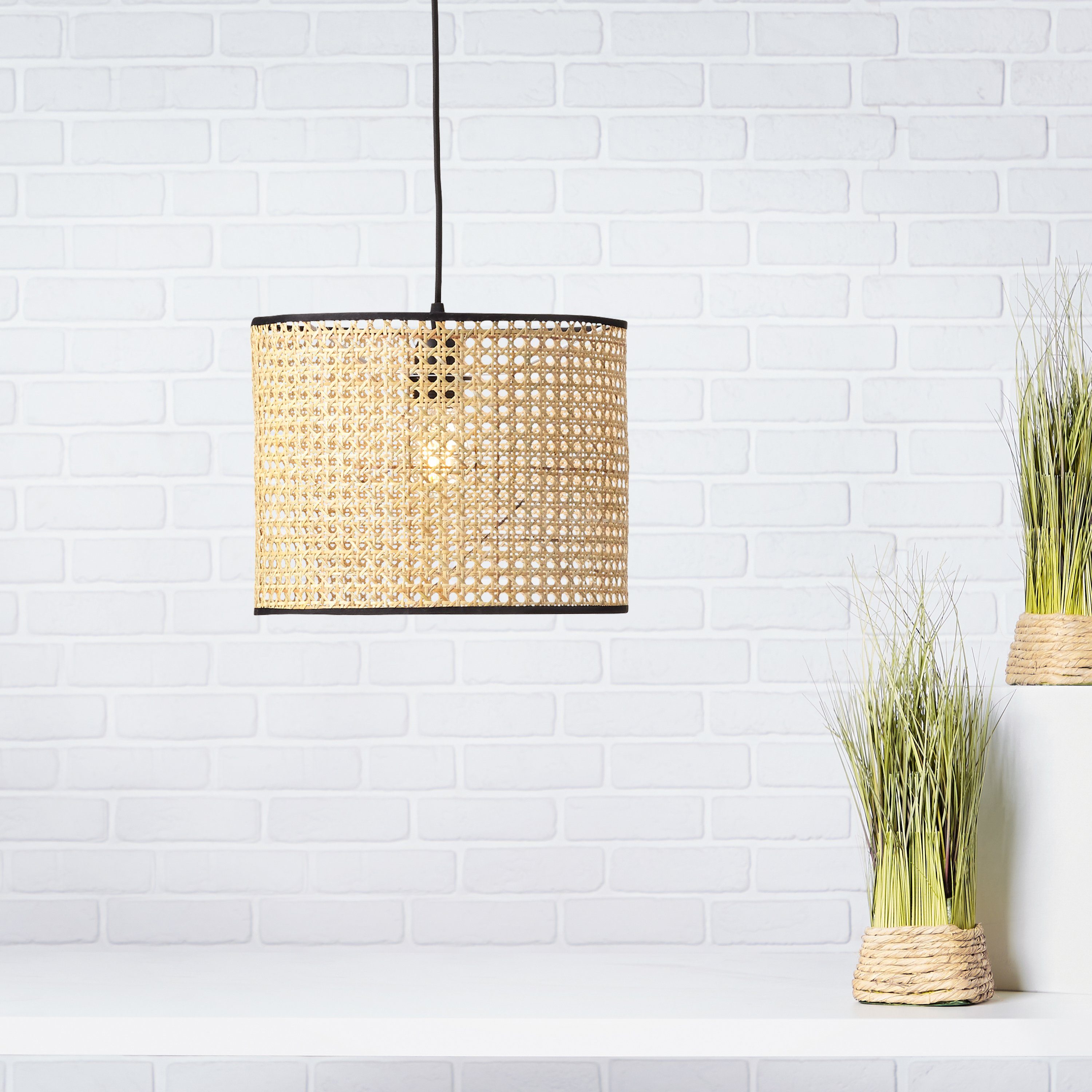 Brilliant Leuchten Hanglamp WILEY 174 cm hoogte, ø 30 cm, e27, in te korten, rotan/metaal, hout licht/zwart (1 stuk)