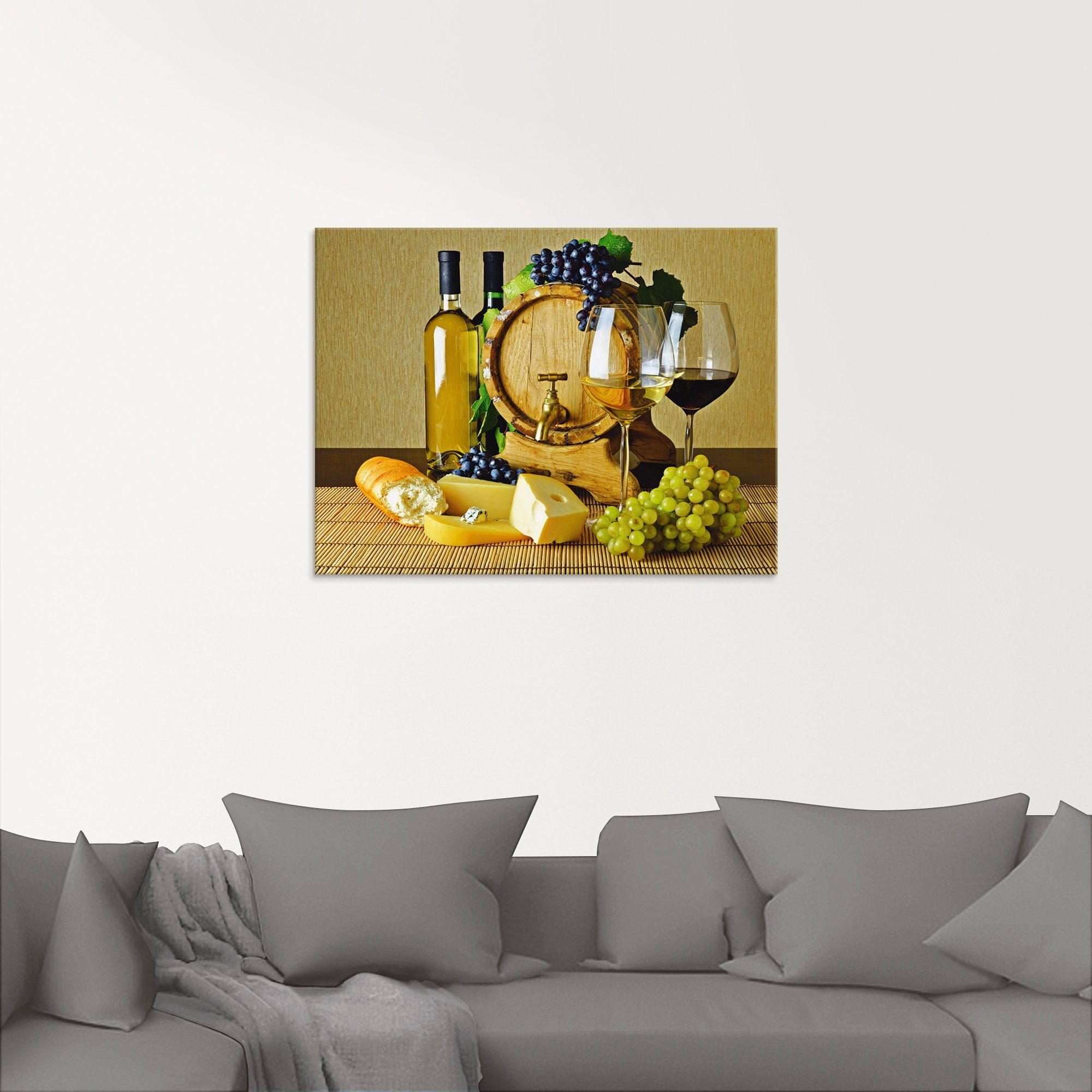 Artland Print op glas Kaas, wijn en druiven in verschillende maten