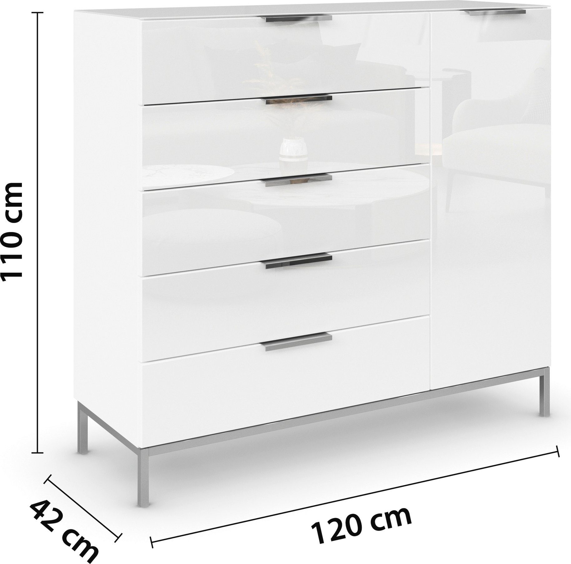 rauch Kast met laden en deuren Commode deurkast sideboard combikast FLIPP met glasfront 1-deurs, 5 laden, soft-close functie, bovenblad en glazen front