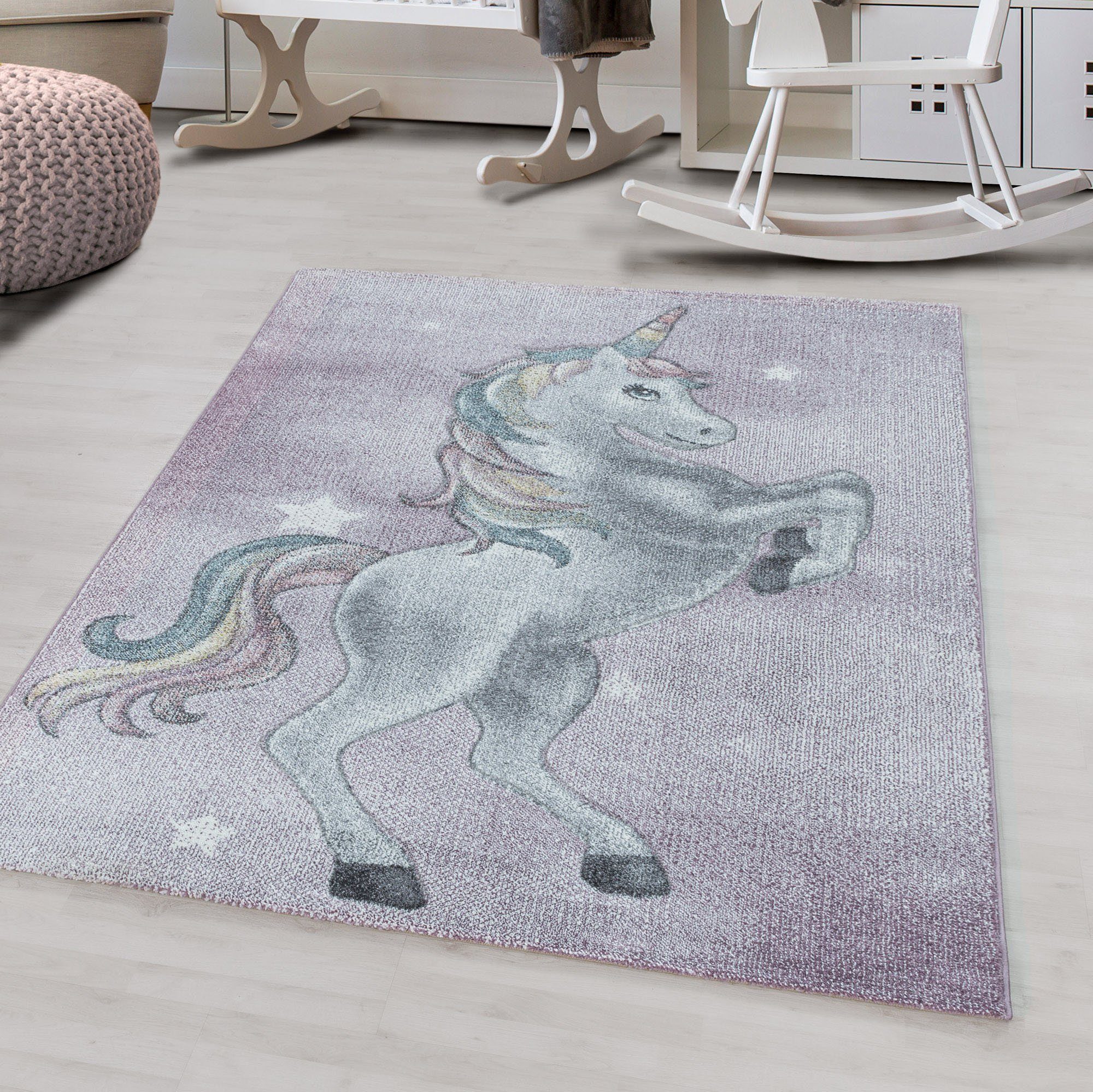 Ayyildiz Teppiche Kindervloerkleed FUNNY 2102 Kinderkleed met eenhoornmotief speelkleden maat 80 cm x 150 cm x 11 mm paars