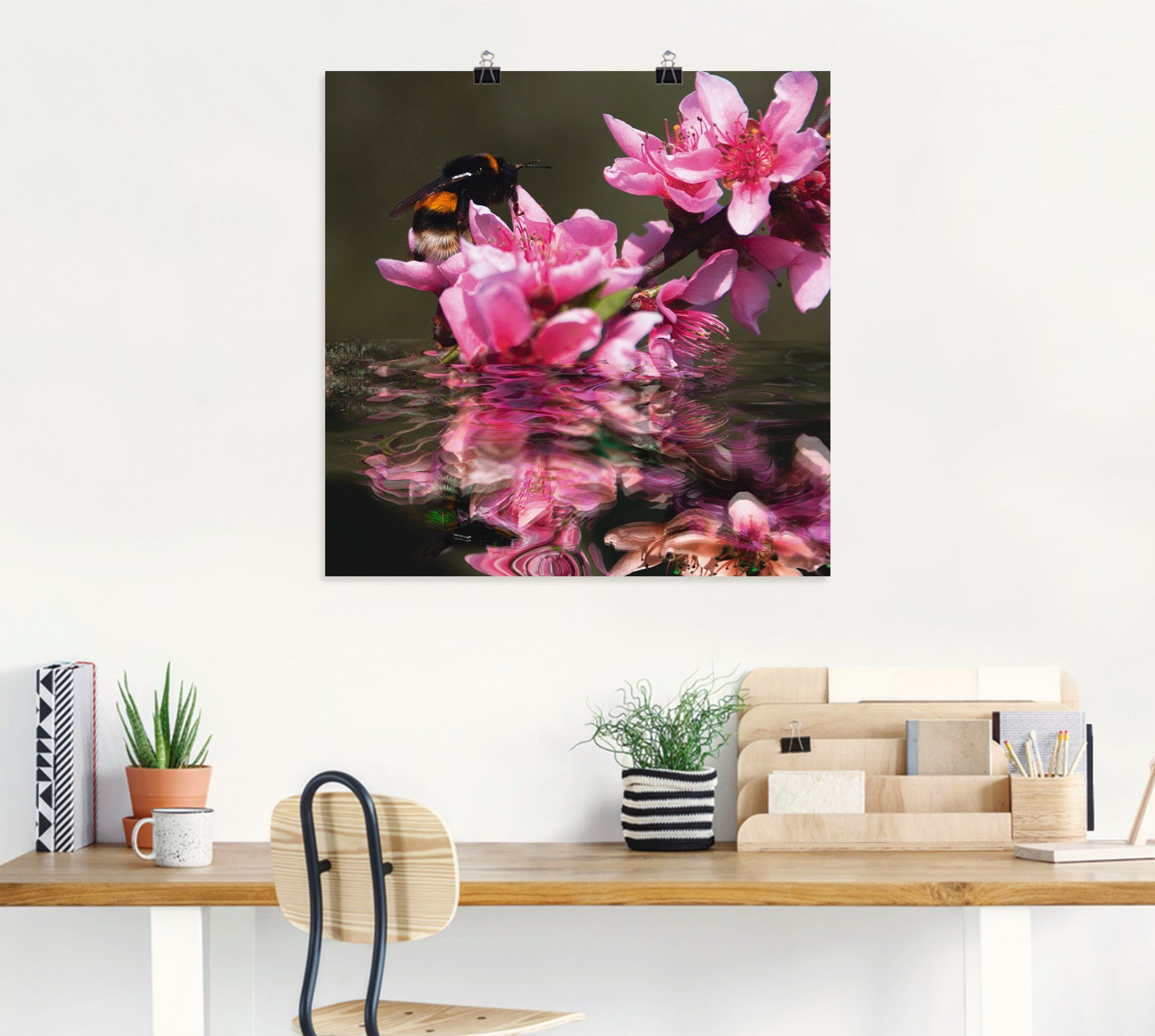 Artland Artprint Perzikbloesem met hommel als artprint van aluminium, artprint op linnen, muursticker of poster in verschillende maten