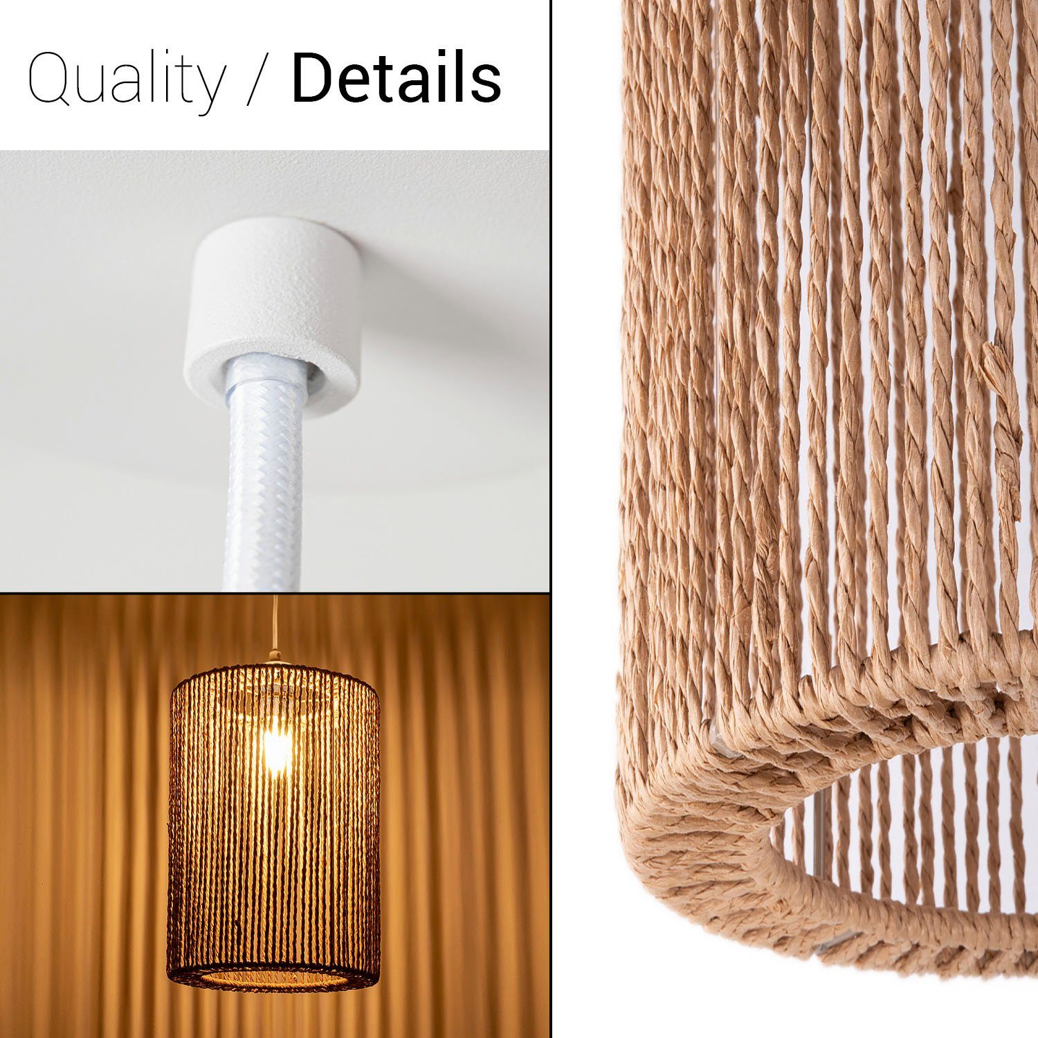 Paco Home Hanglamp Hugo Ricarda Woonkamer eetkamer rattan look Boho lampenkap papier rond