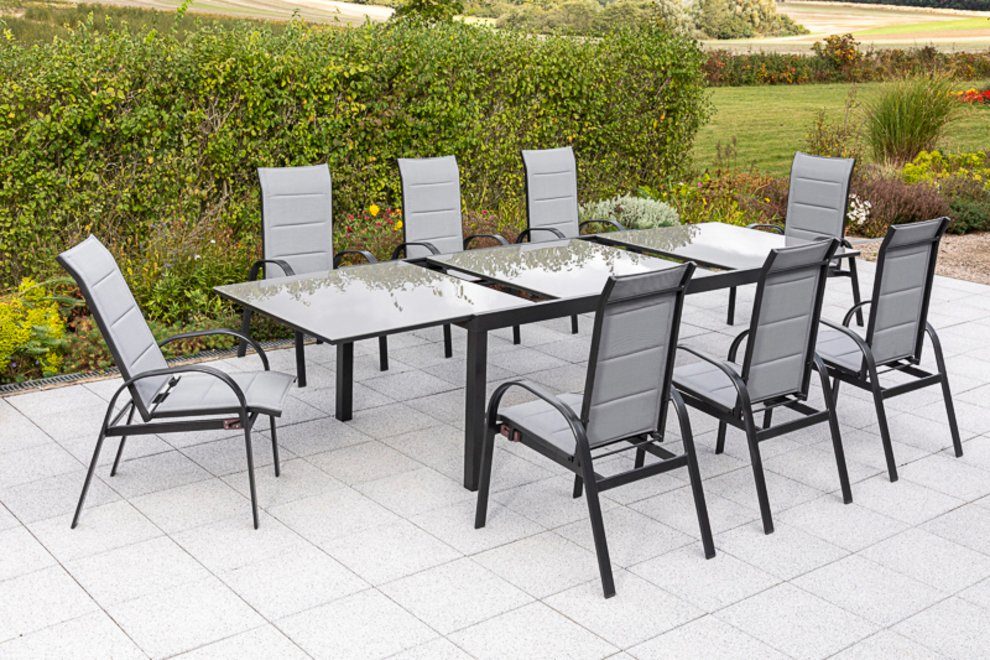 MERXX Tuin-eethoek Marini 8 klapstoelen, uittrekbare tafel (9-delig)