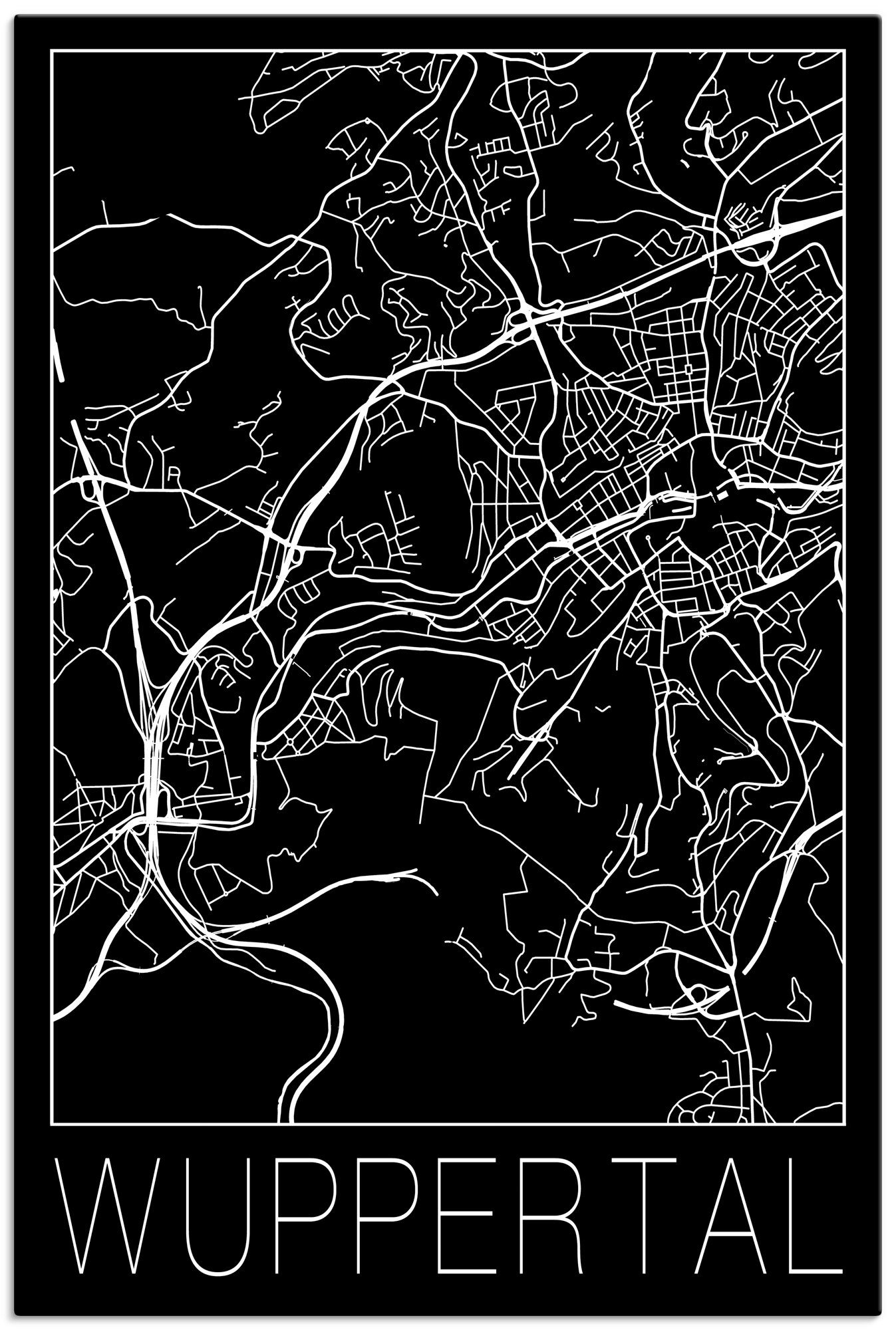 Artland Artprint Retro kaart Wuppertal zwart in vele afmetingen & productsoorten - artprint van aluminium / artprint voor buiten, artprint op linnen, poster, muursticker / wandfoli