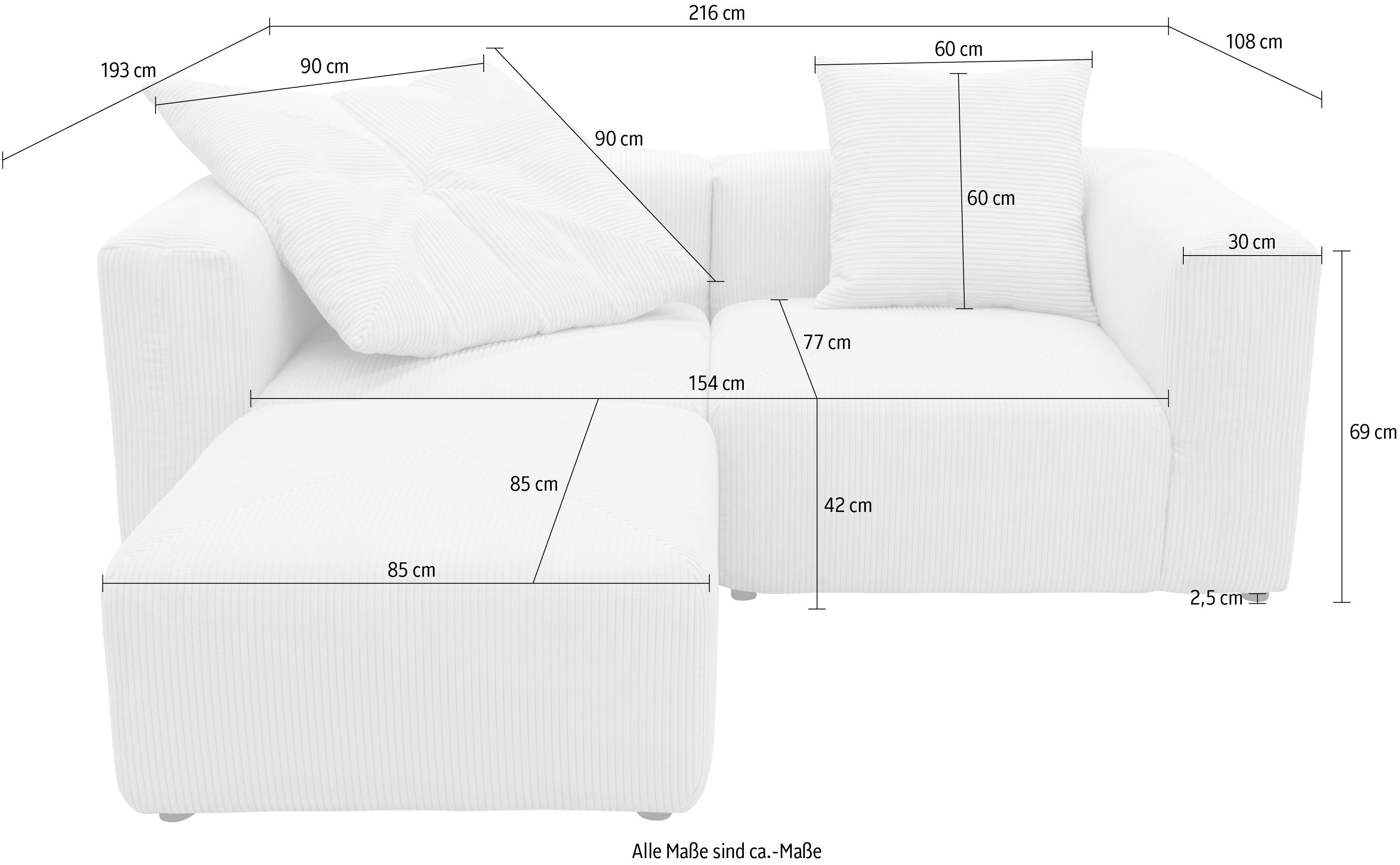 RAUM.ID Hoekbank Gerrid L-vorm Cord, modulaire bank, bestaand uit 2 hoekelementen + 1 hocker