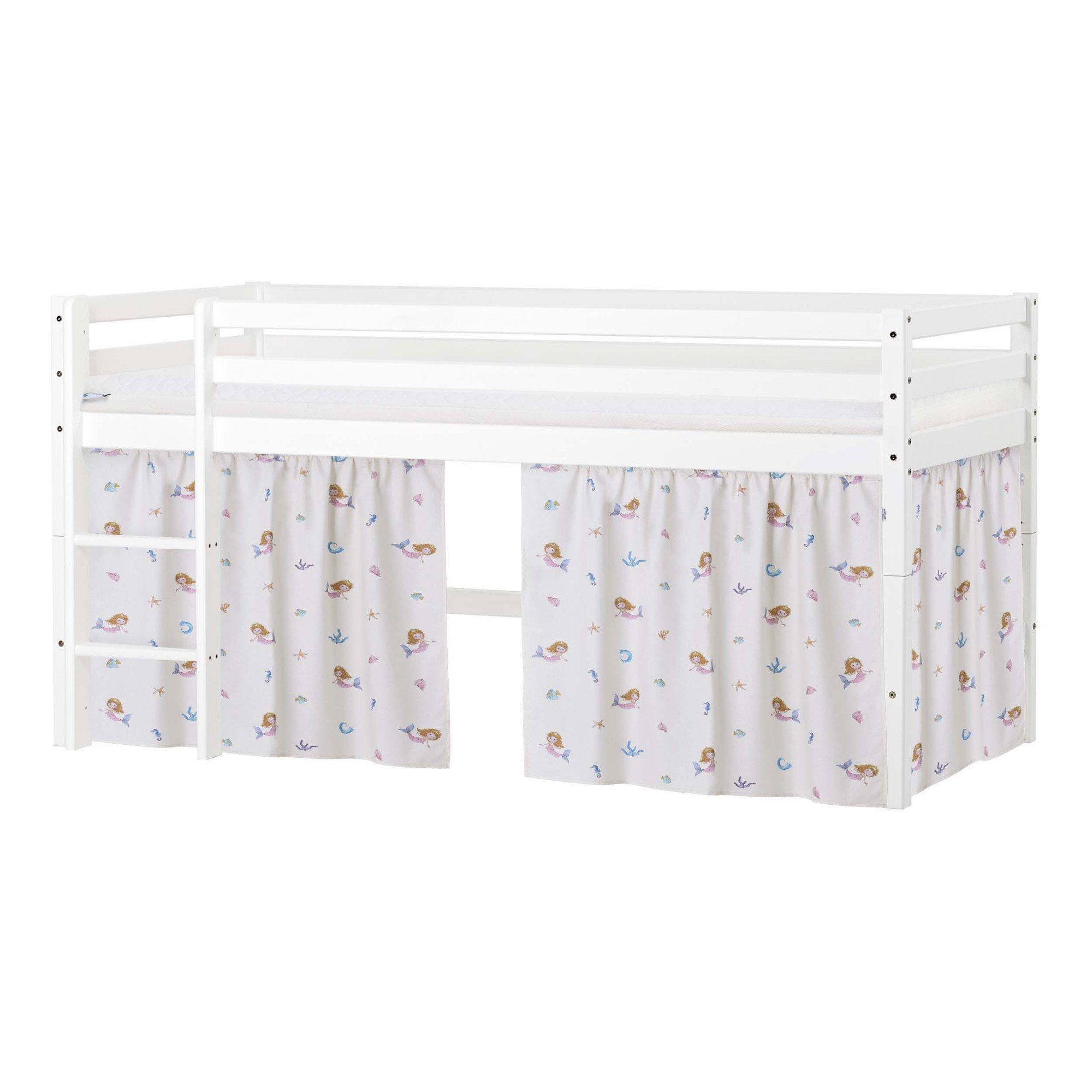 Hoppekids Speelbed ECO Dream, hoogslaper, deelbaar in 2 eenpersoonsbedden Massief houten bed met zeemeermingordijn, matras & 2 maten ter keuze
