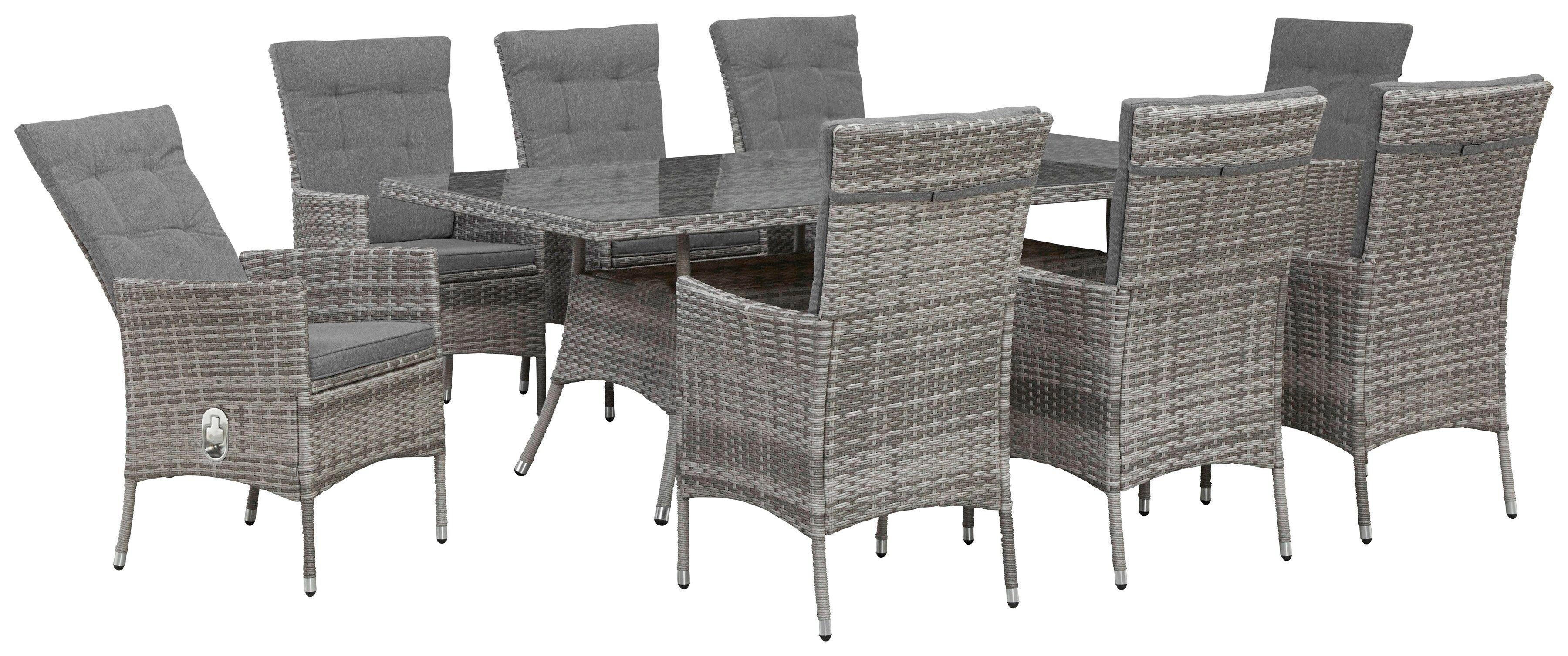 KONIFERA Tuin-eethoek Belluno Bergruimte onder de tafel, grijs, 2 van de 8 fauteuils traploos verstelbaar (set, 17-delig)