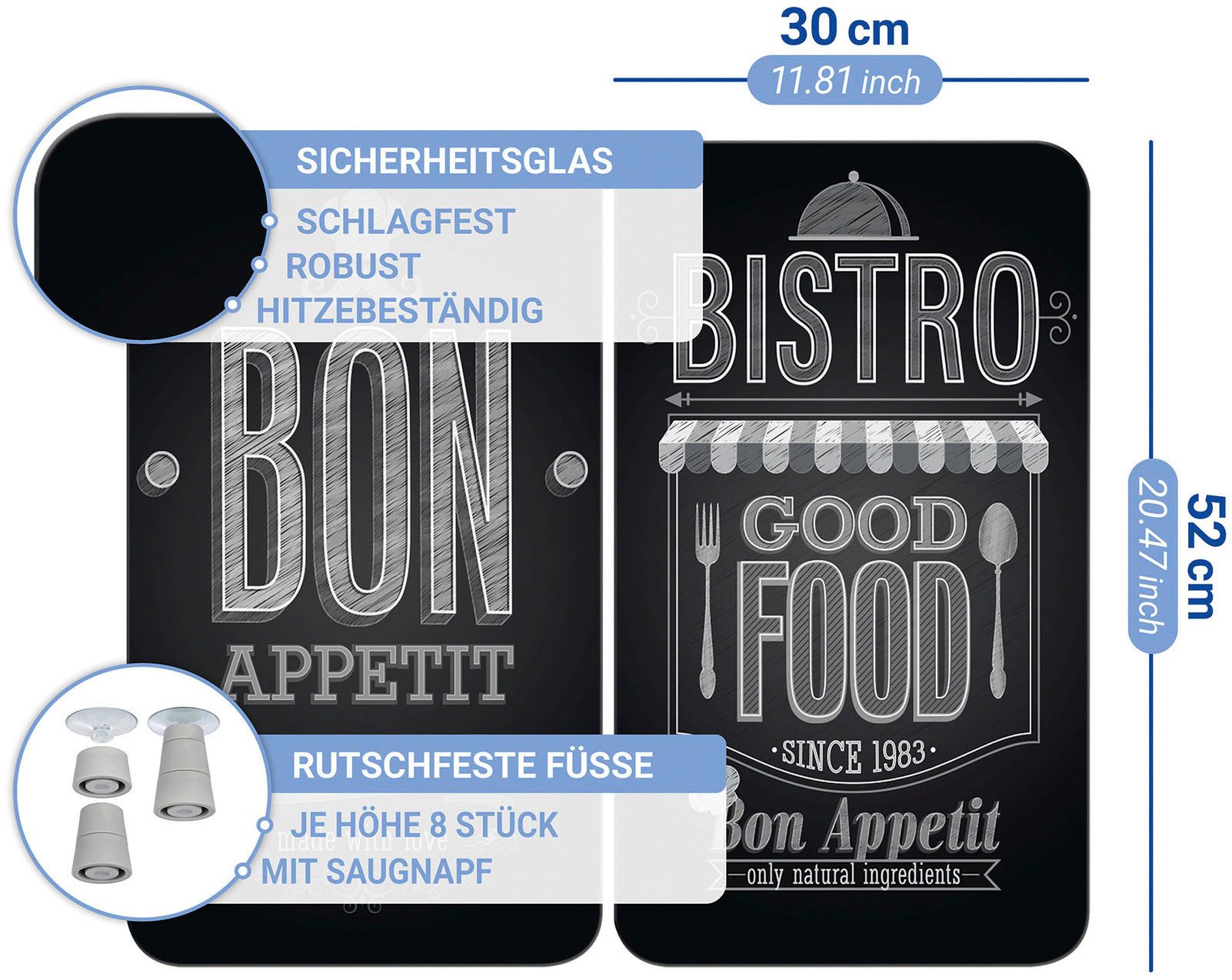WENKO Kookplaatdeksel Universeel model Bon Appetit Kookplaatafdekking voor alle soorten kookplaten, krasvast, met antislipvoetjes (set, 2-delig)
