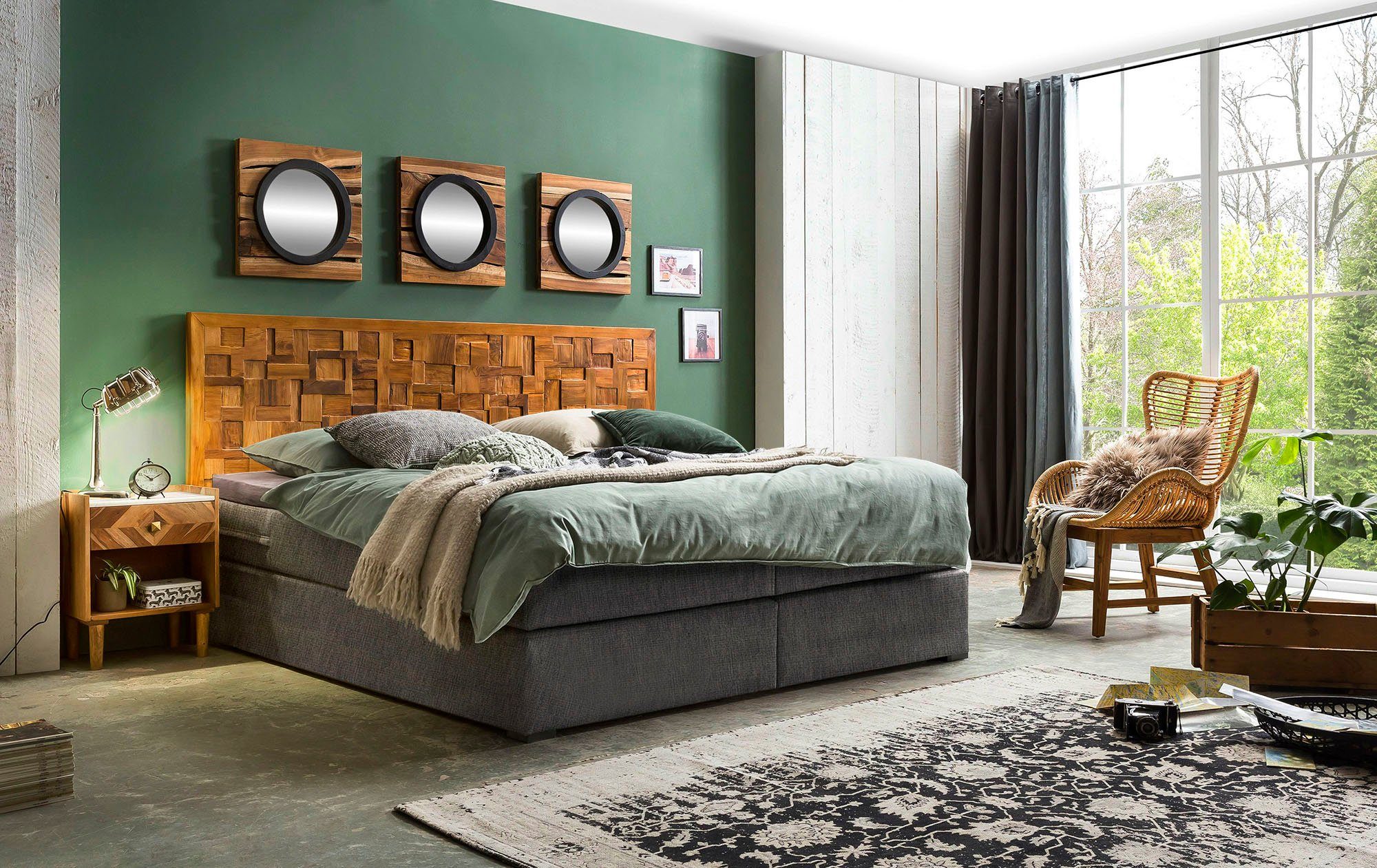 SIT Boxspring Met houten mozaïek-hoofdbord boxsprings grijs