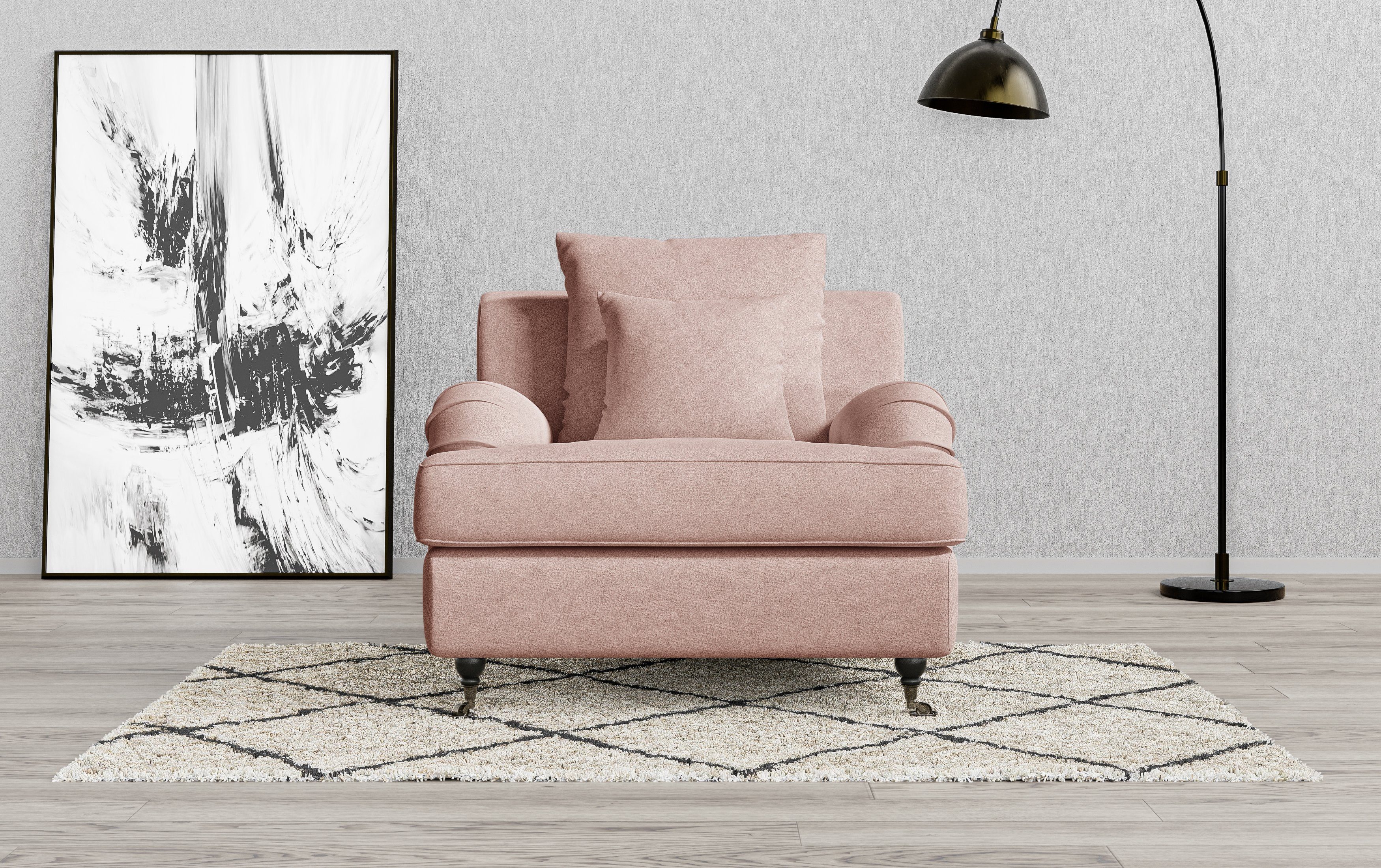 Guido Maria Kretschmer Home&Living Fauteuil NORIN twee soorten poten: voor - wieltjes, aan de achterkant - houten poten fauteuils maat Bouclé roze