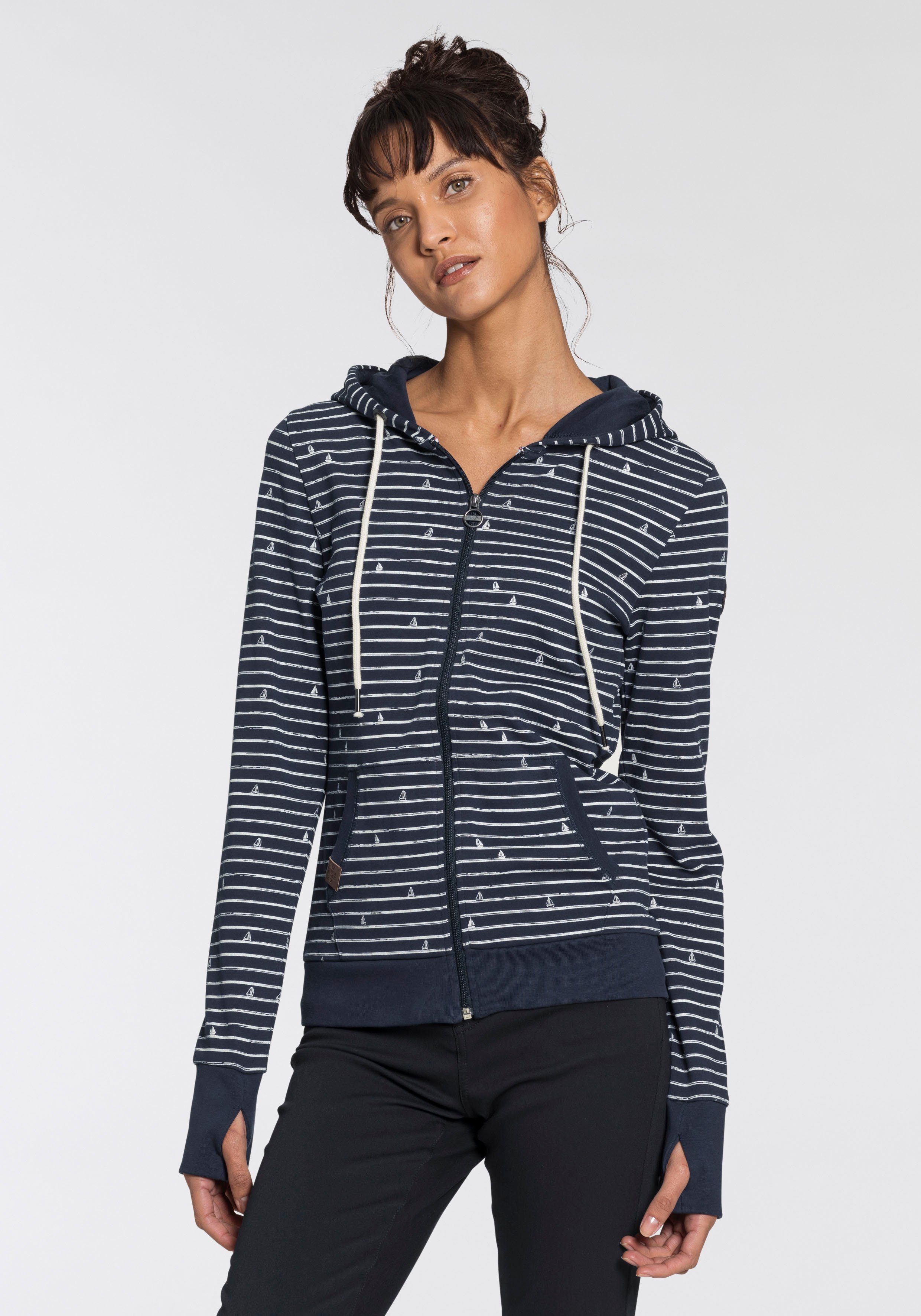 KangaROOS Capuchonsweatvest met maritieme print all-over van strepen en minimalistische schepen