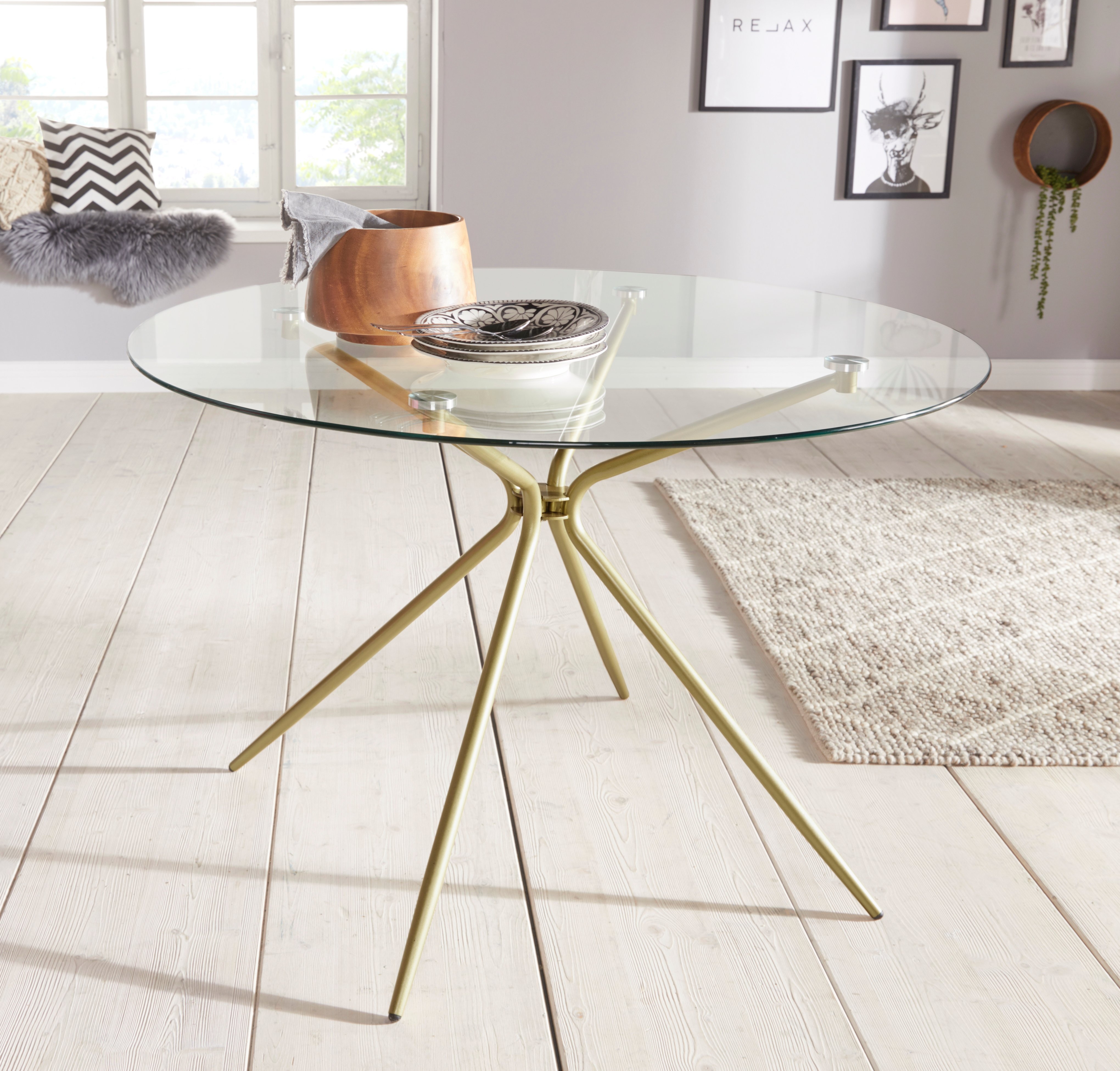 Hou op Amuseren Omtrek INOSIGN Glazen tafel Silvi rond, ø 110 cm, metalen frame in messingkleur  online bestellen | OTTO