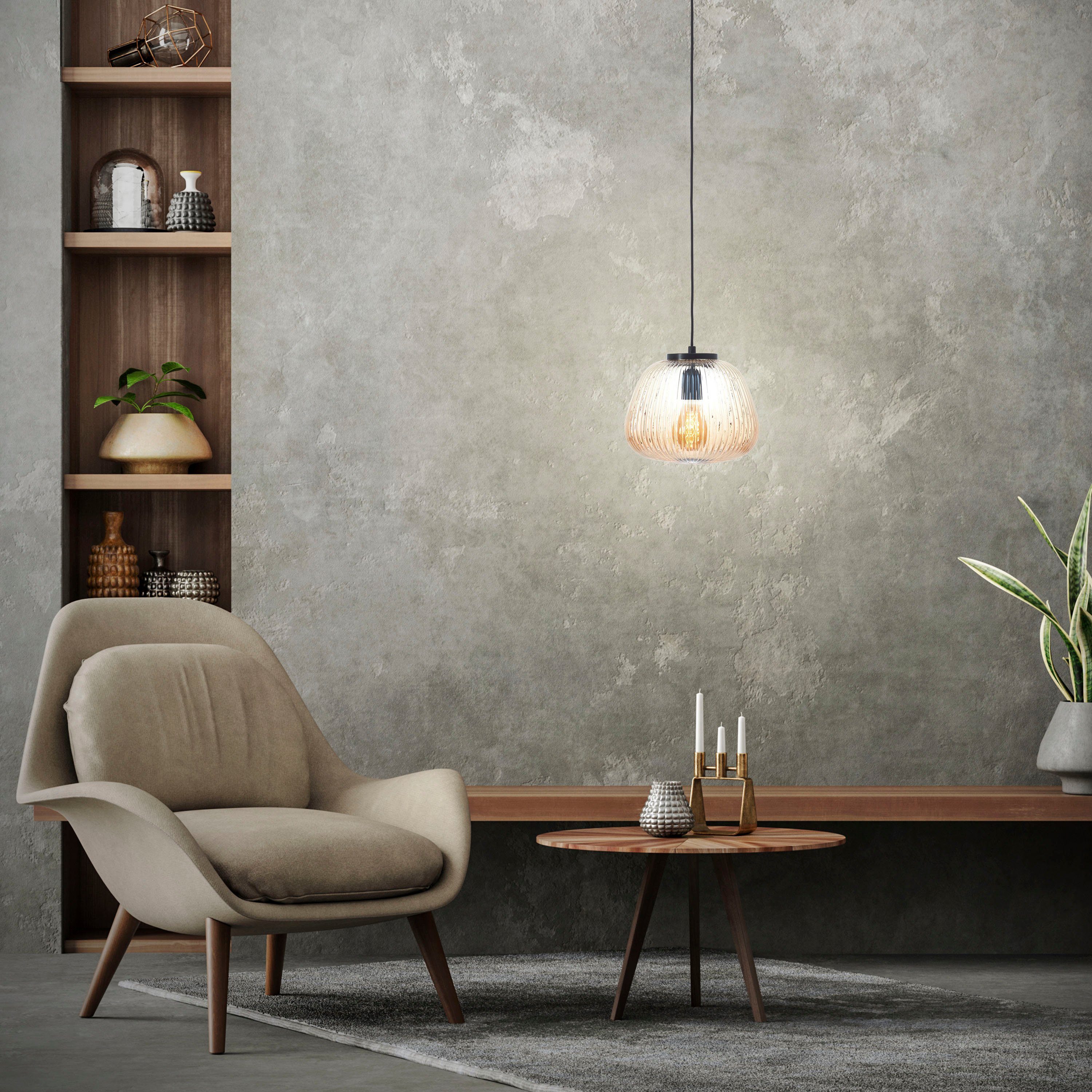 Brilliant Leuchten Hanglamp Kaizen Gegolfd glas, D 25 cm, E27, inkortbaar, amber-barnsteenkleuren
