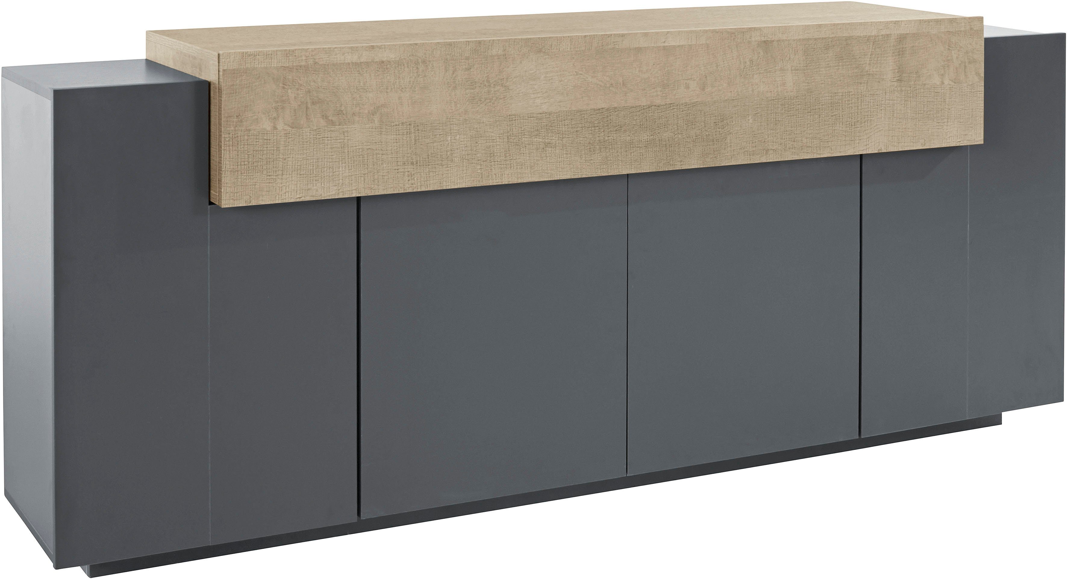 INOSIGN Dressoir Coro, commode, kast, buffet, greeploos met legplanken 1 klep, 4 deuren, dubbele diepte, bxdxh 200x45x85,6 cm dressoirs grijs