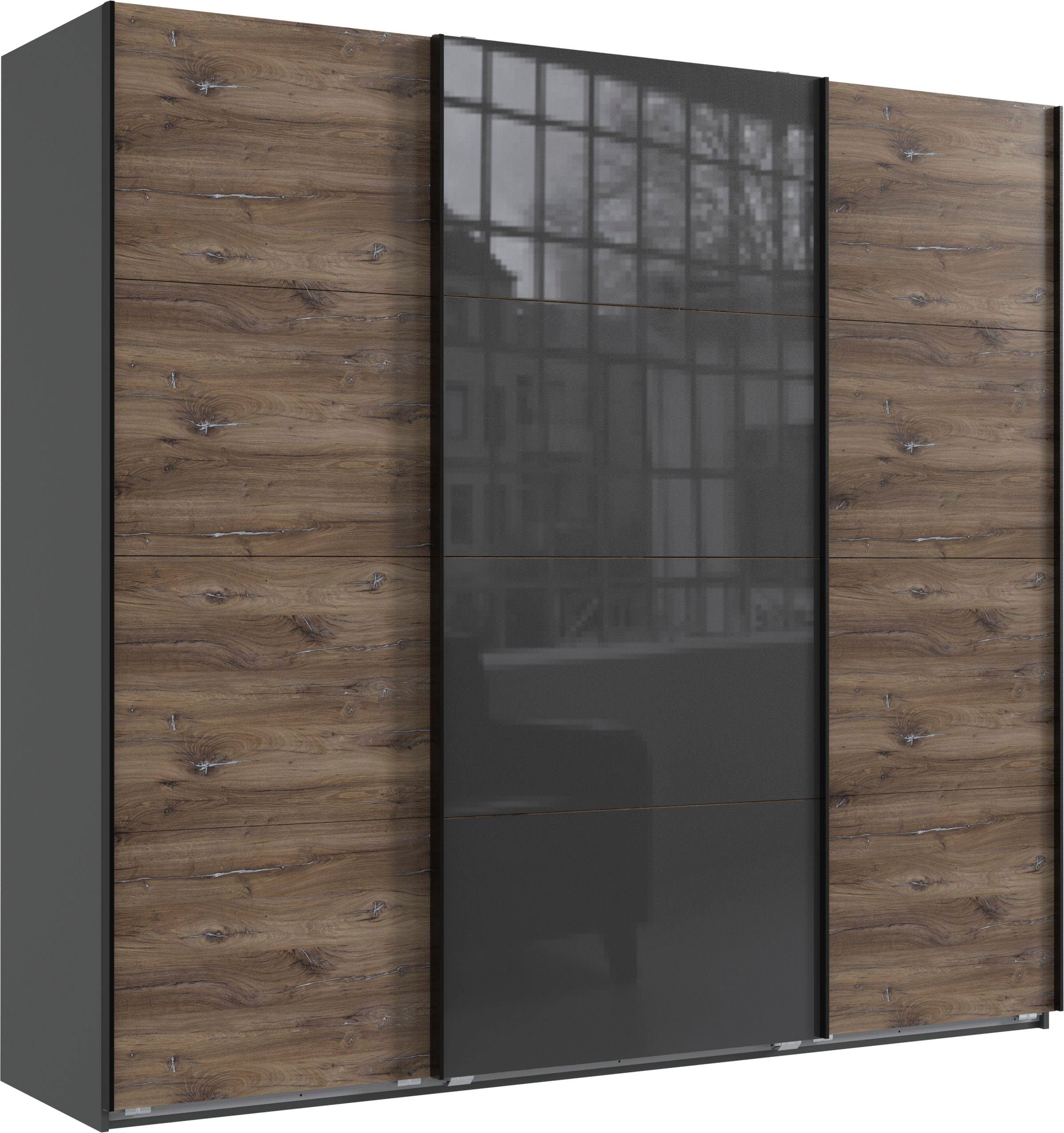 Wimex Zweefdeurkast Norderstedt Inclusief 2 stoffen dozen en 2 extra planken, met glasdeur zweefdeurkasten maat 225 cm x 210 cm x 64 cm zwart