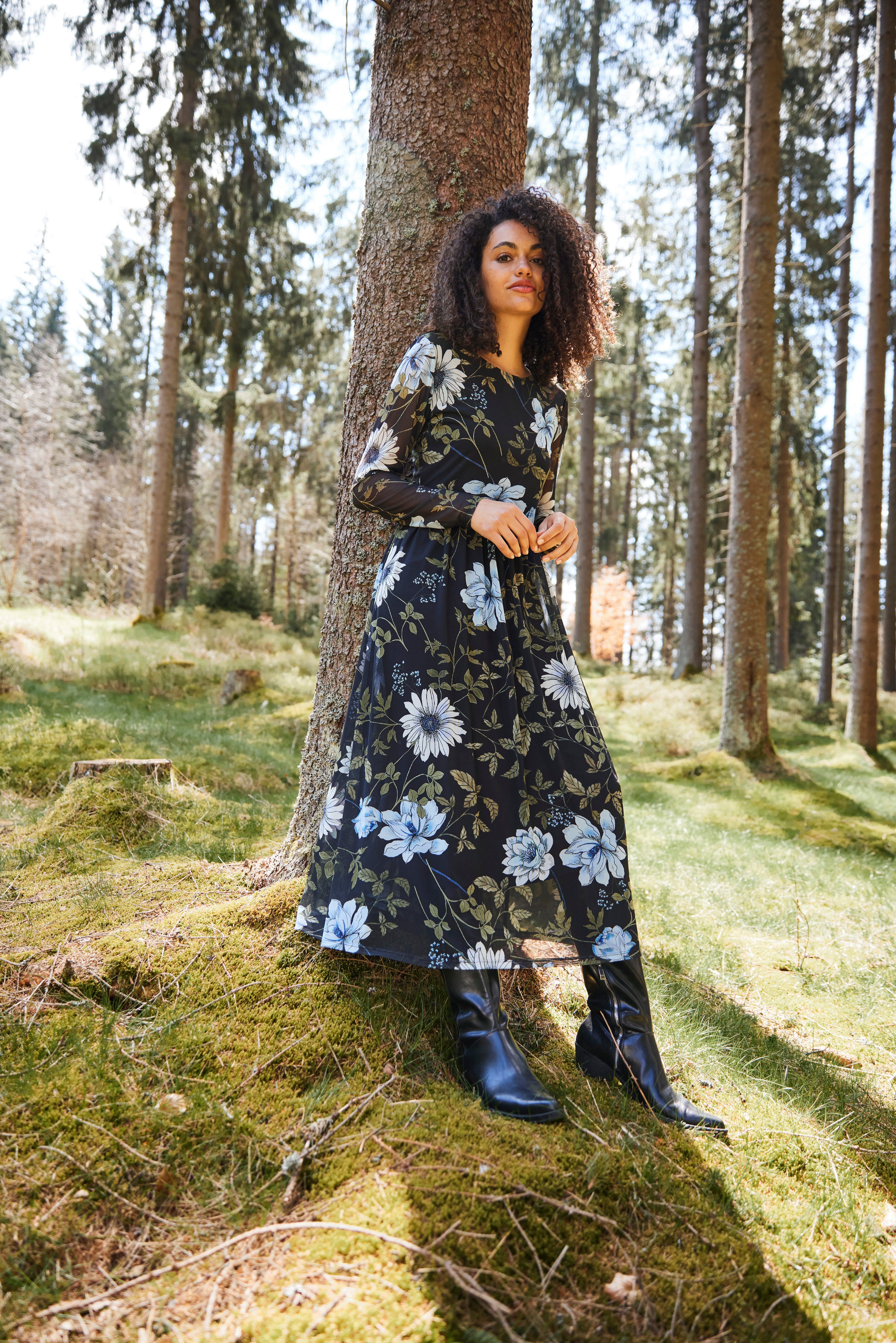 Aniston CASUAL Midi-jurk met grote bloemen- en bladprint